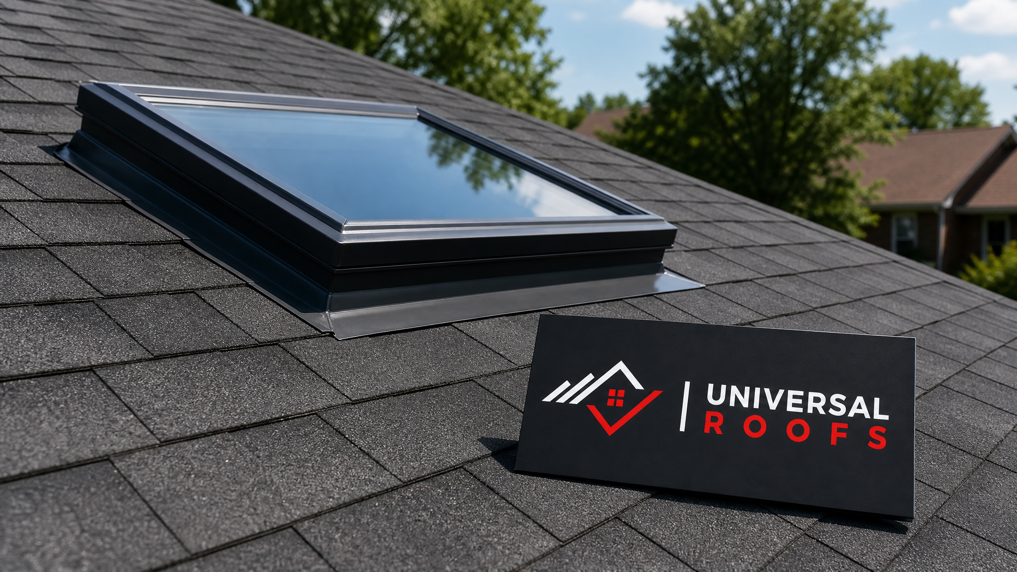 Newly repaired residential skylight on a Toronto home roof in bright summer daylight with a Universal Roofs branded sign placard nearby