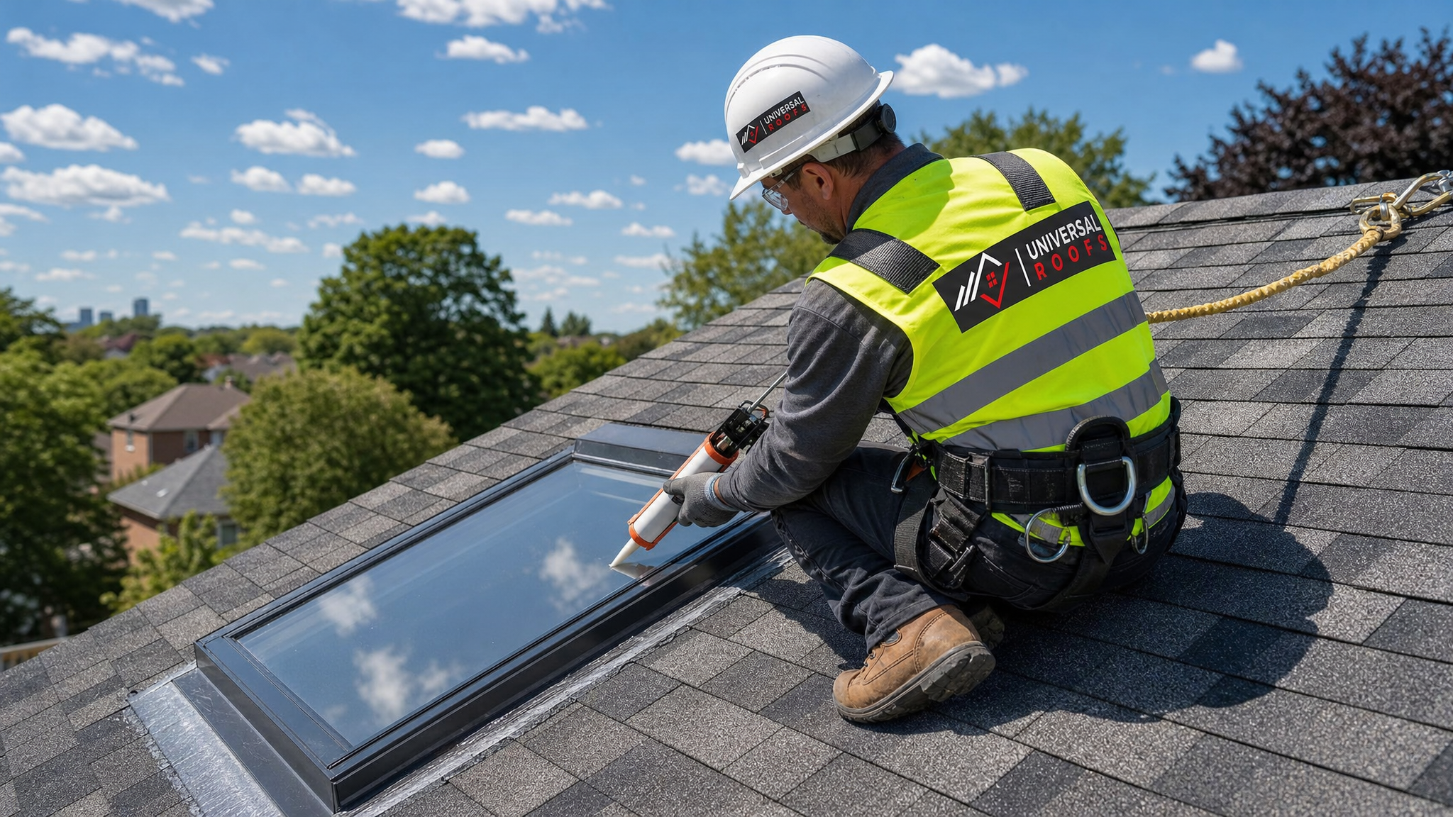 Roofing technician wearing full safety harness and PPE resealing a skylight frame on a residential Toronto roof in daylight