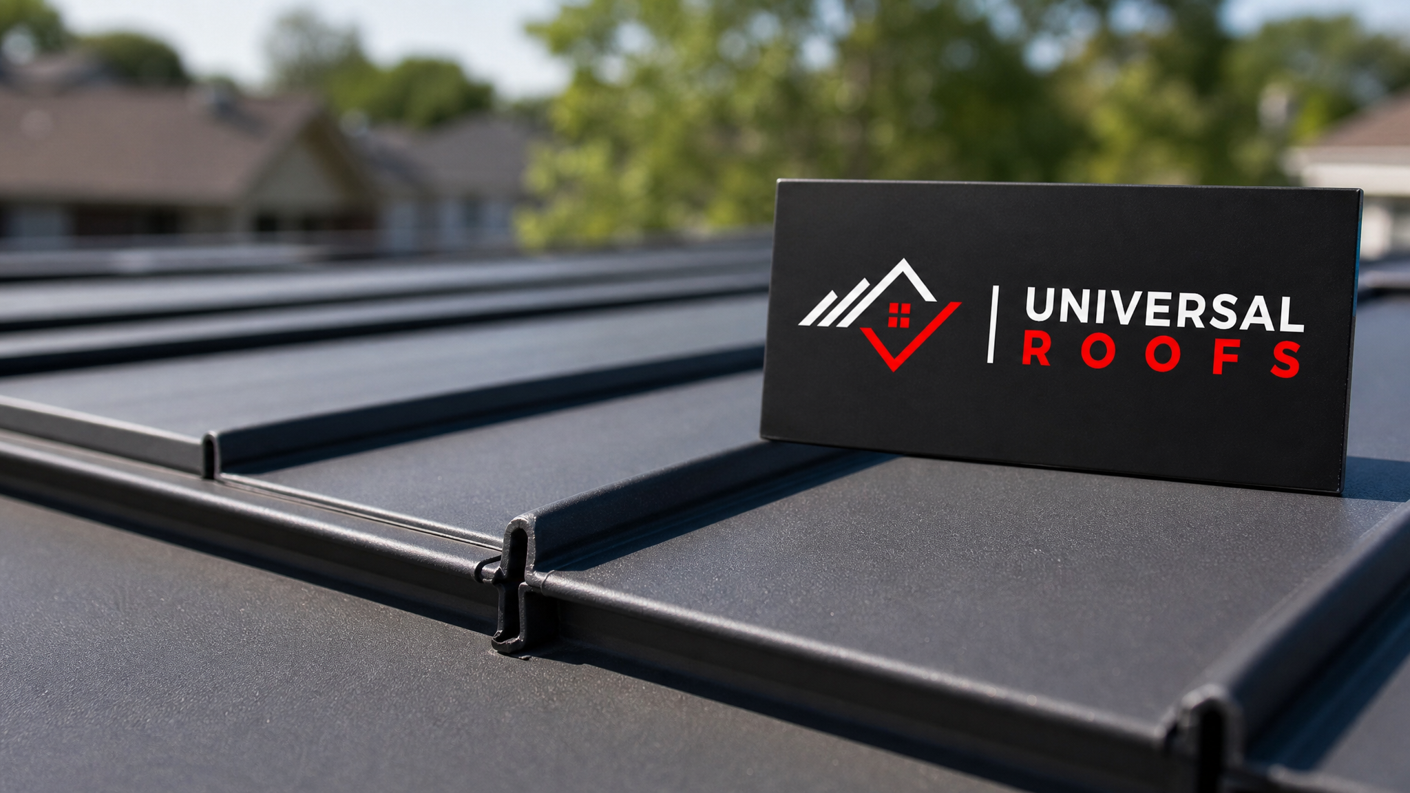 Close-up of interlocking recycled standing-seam metal roofing panels with a Universal Roofs branded sign placard
