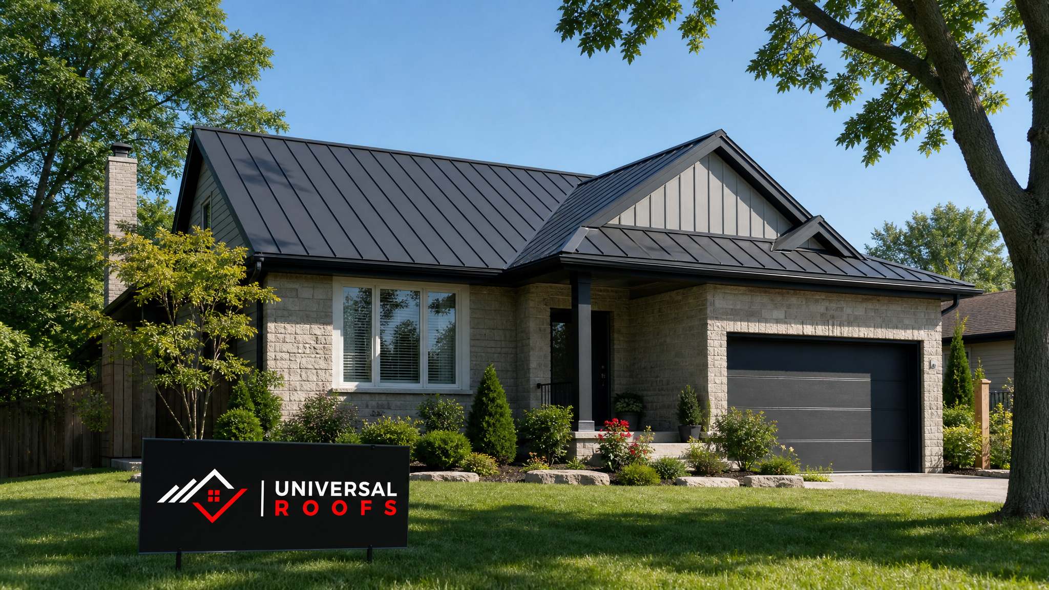 Newly completed eco-friendly metal roof replacement on a Toronto home in summer daylight with a Universal Roofs sign placard nearby
