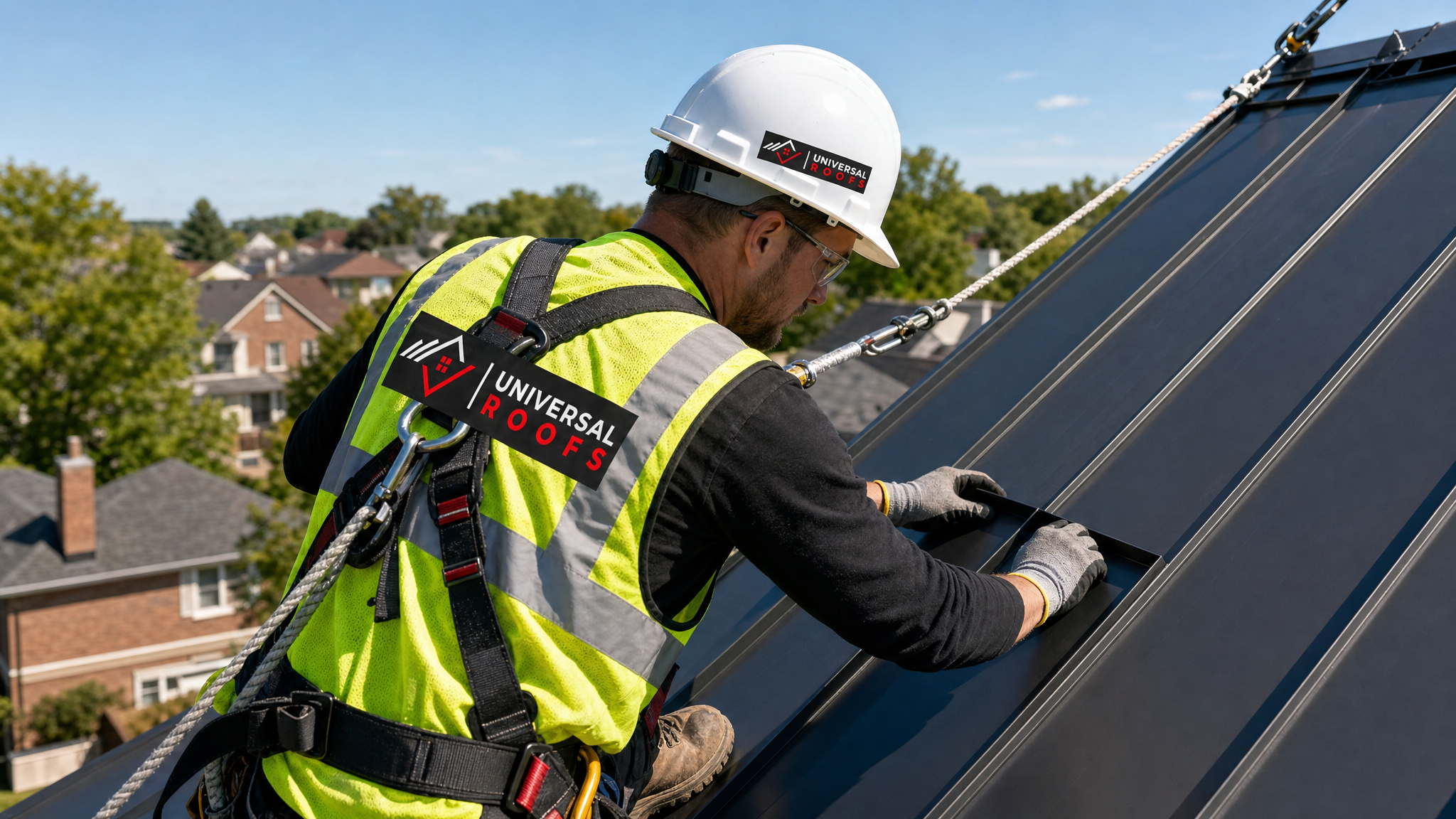 Roofer wearing full safety harness installing recycled metal roofing panels on a Toronto home in daylight