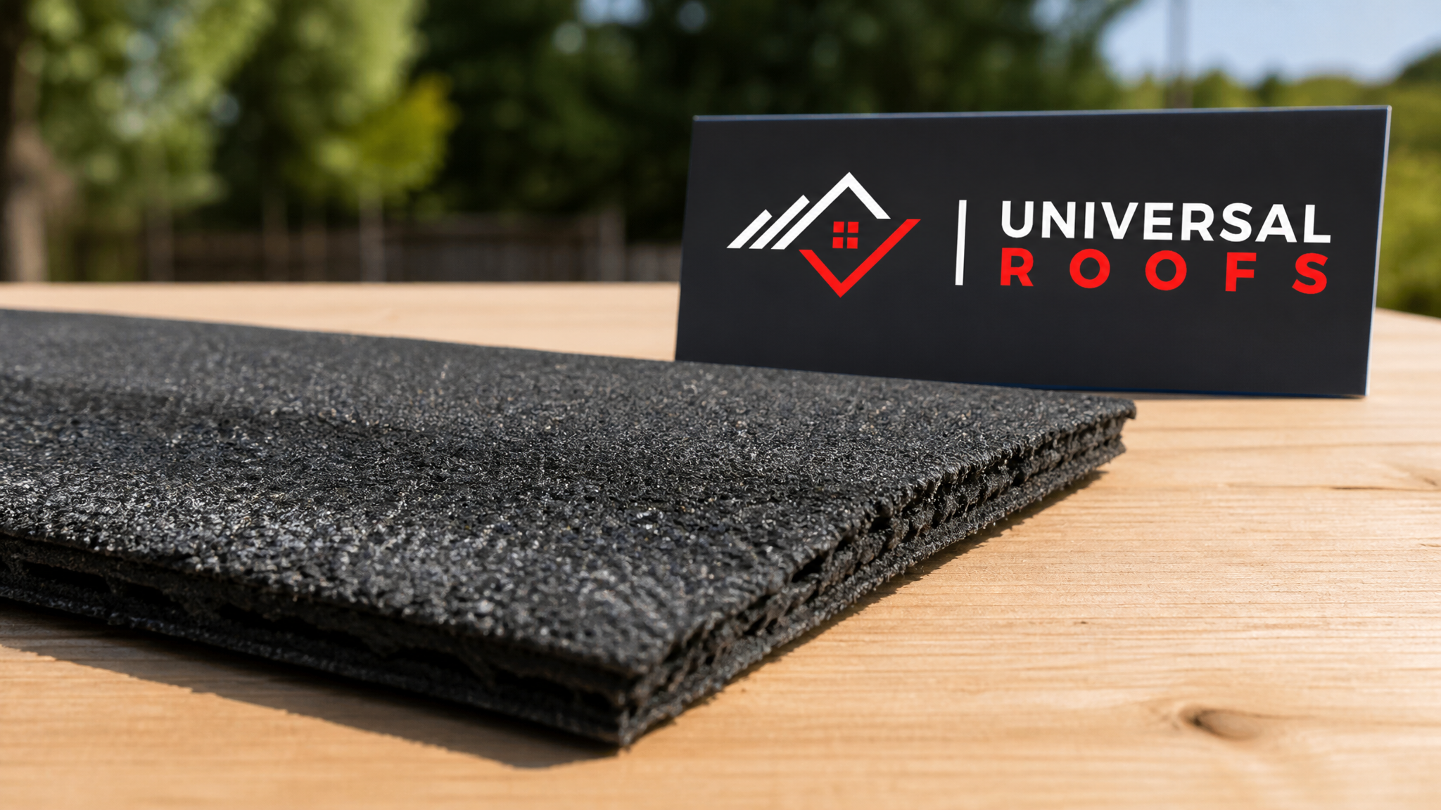 Close-up of recycled rubber and reclaimed asphalt shingle material used for eco-friendly roof repair