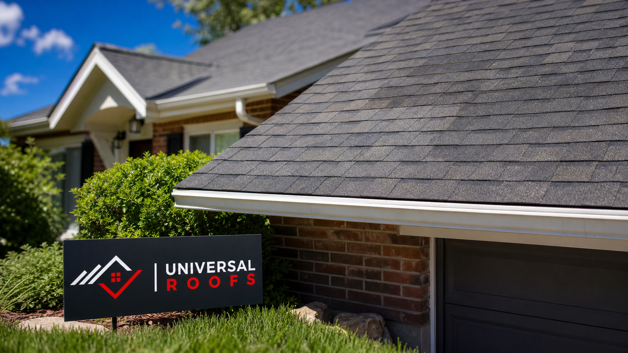 Newly repaired eco-friendly asphalt shingle roof on a Toronto home under summer daylight