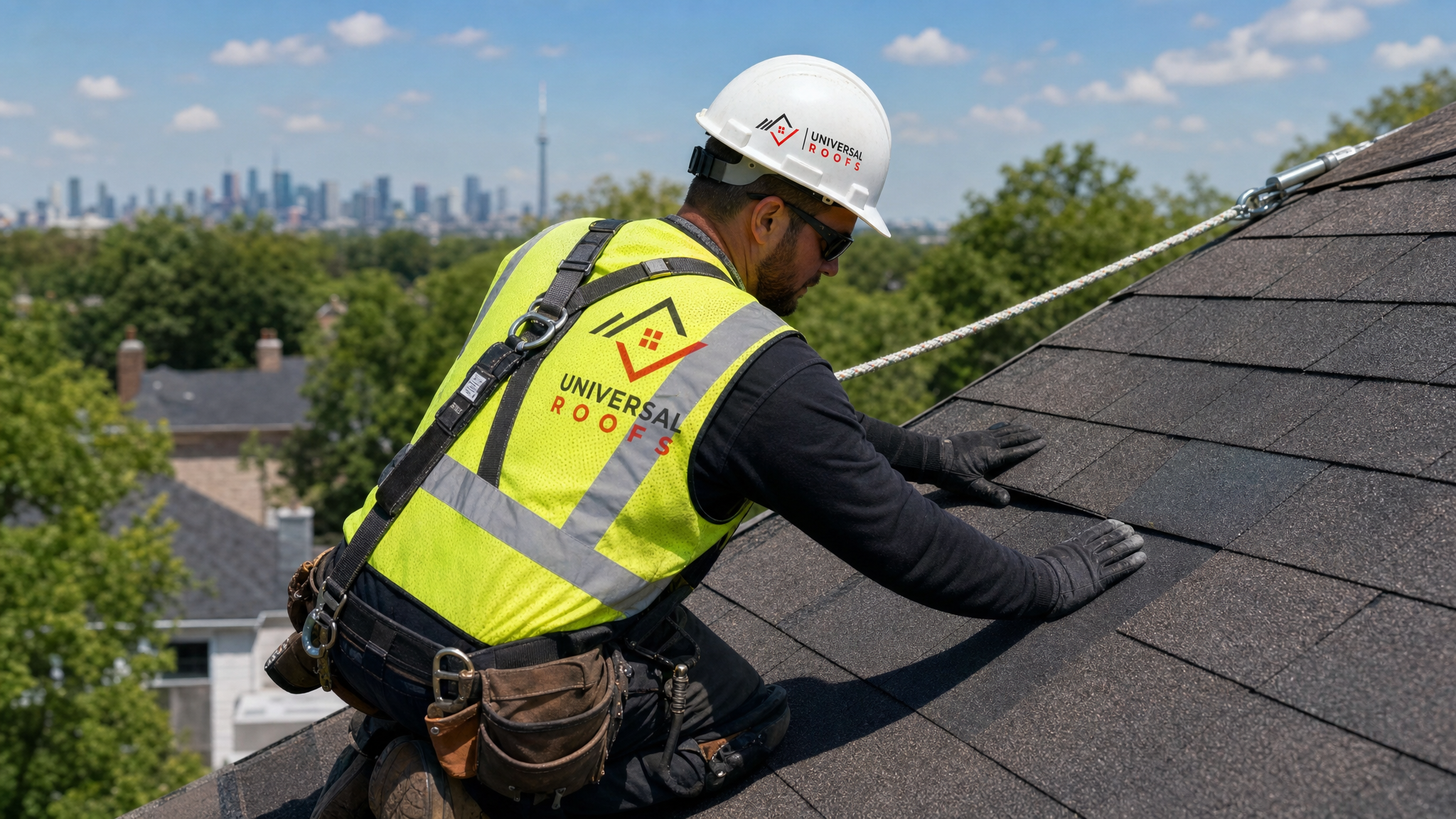Roofer installing recycled-content eco-friendly shingles on a steep roof while wearing full fall-protection safety gear
