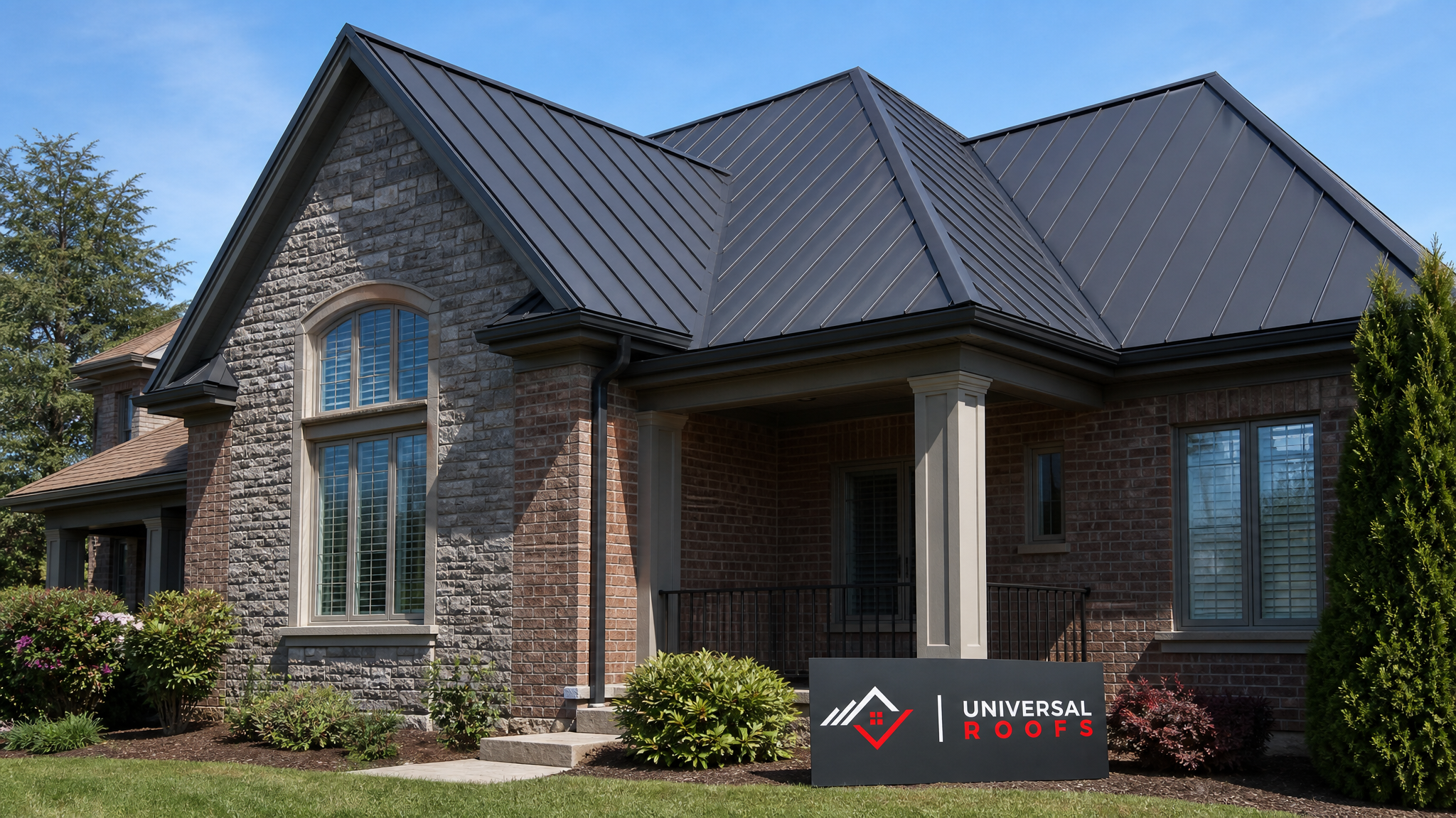 A repaired metal roof on a Toronto home under clear summer sky, with sealed seams and fasteners showing no signs of leaking