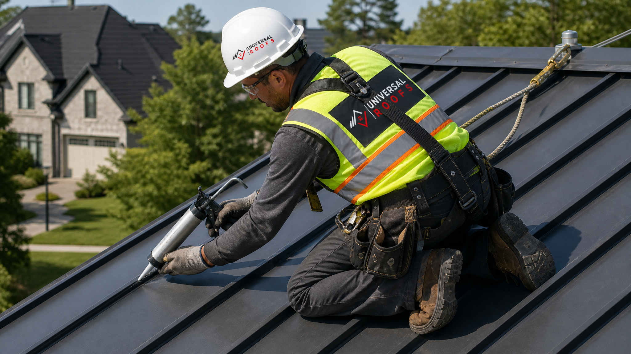 A roofer wearing full safety harness and PPE repairing a seam on a metal roof under summer daylight in the Toronto area
