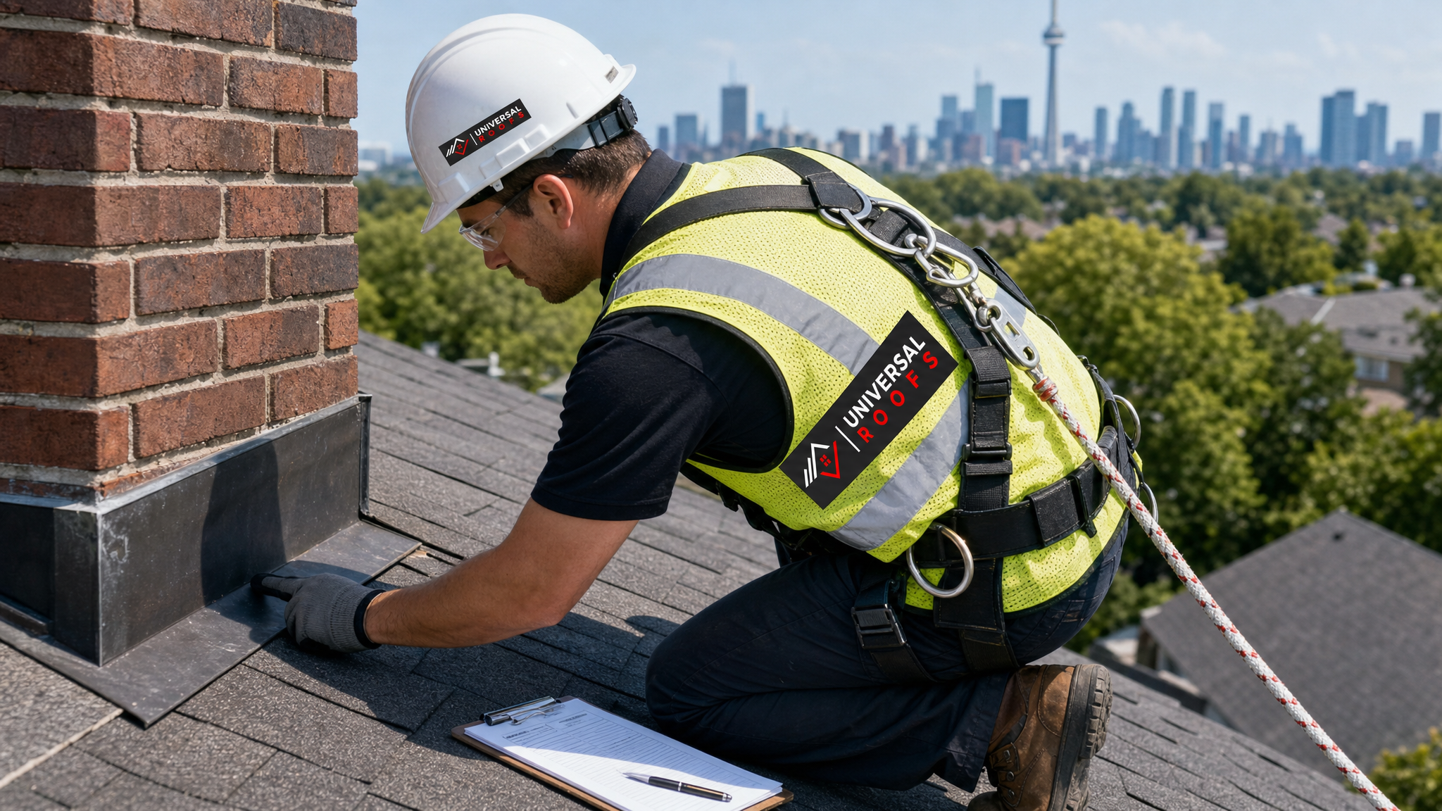 Roofing inspector wearing full safety gear examining shingles and flashing on a residential roof for a property appraisal report