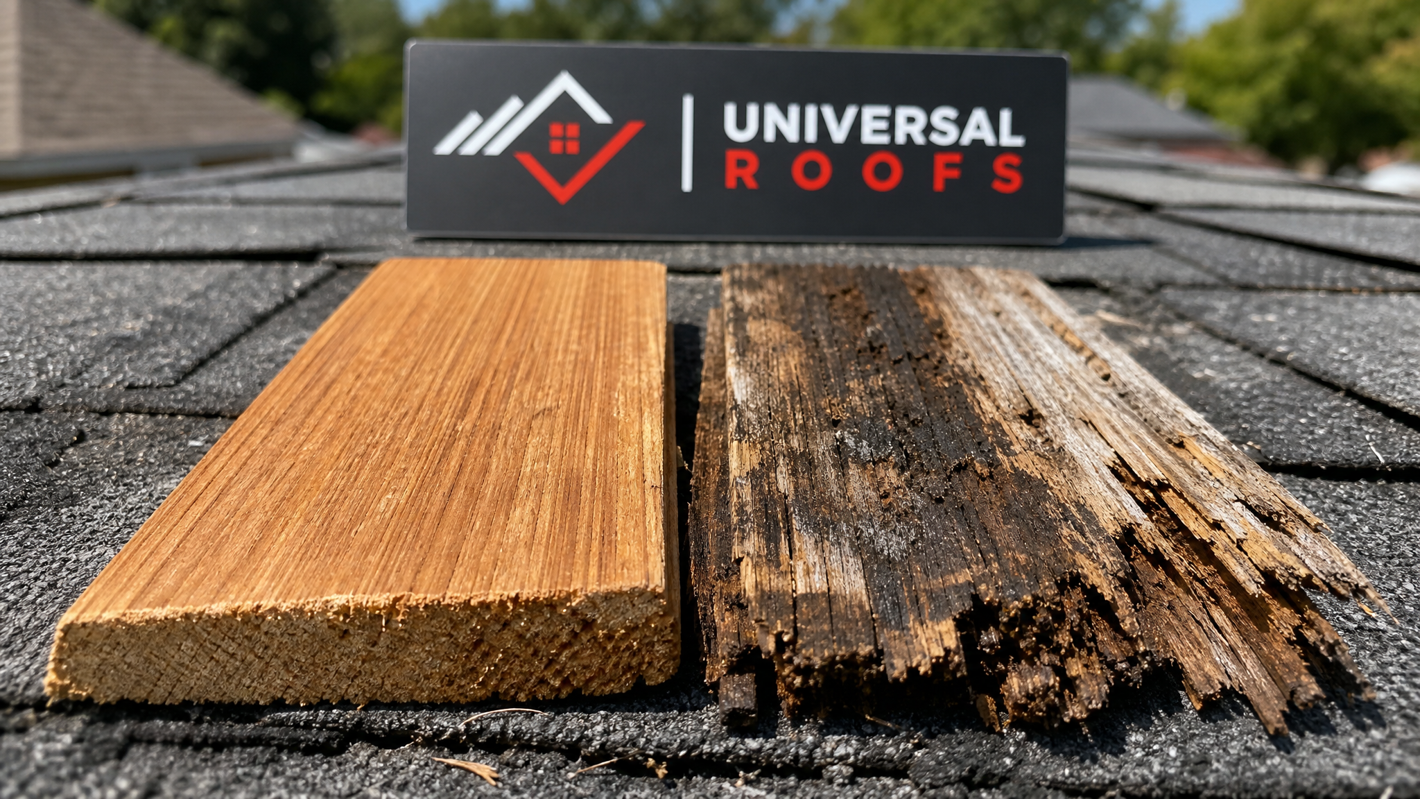 Close-up detail of a new cedar shake showing grain and edge next to a decayed shake for comparison