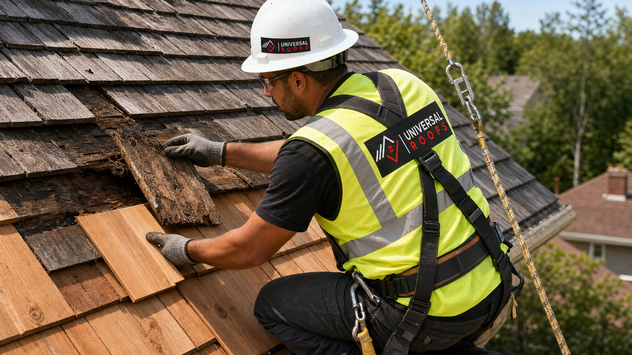 Roofer wearing full safety harness and PPE replacing rotted cedar shakes on a steep roof slope