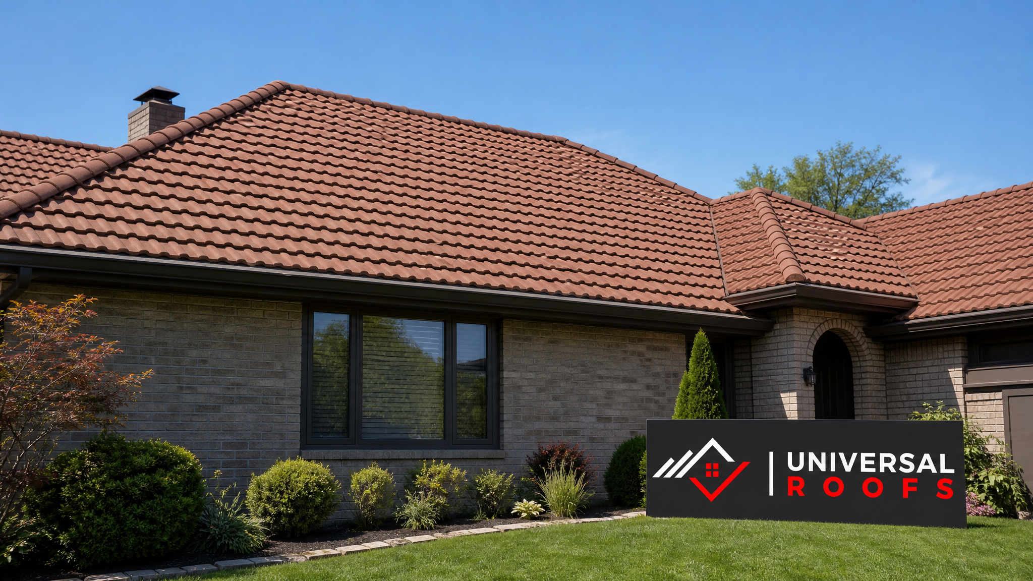 Freshly repaired tile roof on a Toronto-area home with uniform, securely seated clay tiles under a clear summer sky