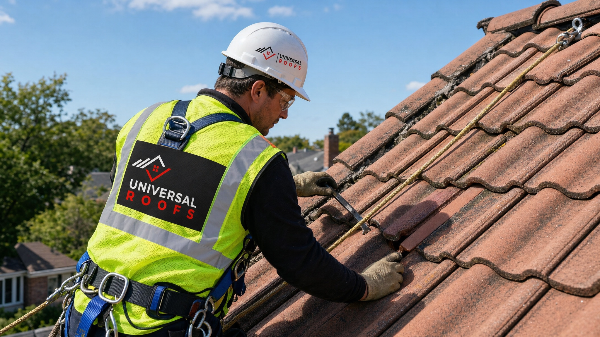 Roofer wearing a harness and full safety gear resetting a displaced clay tile on a steep GTA roof