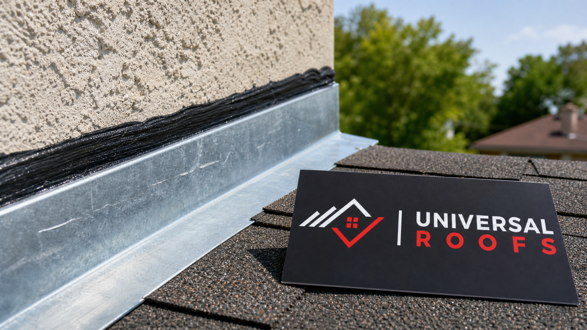 Close-up of recycled aluminum step flashing overlapping shingles with a clean butyl tape seal along the edge, Universal Roofs sign placard in frame