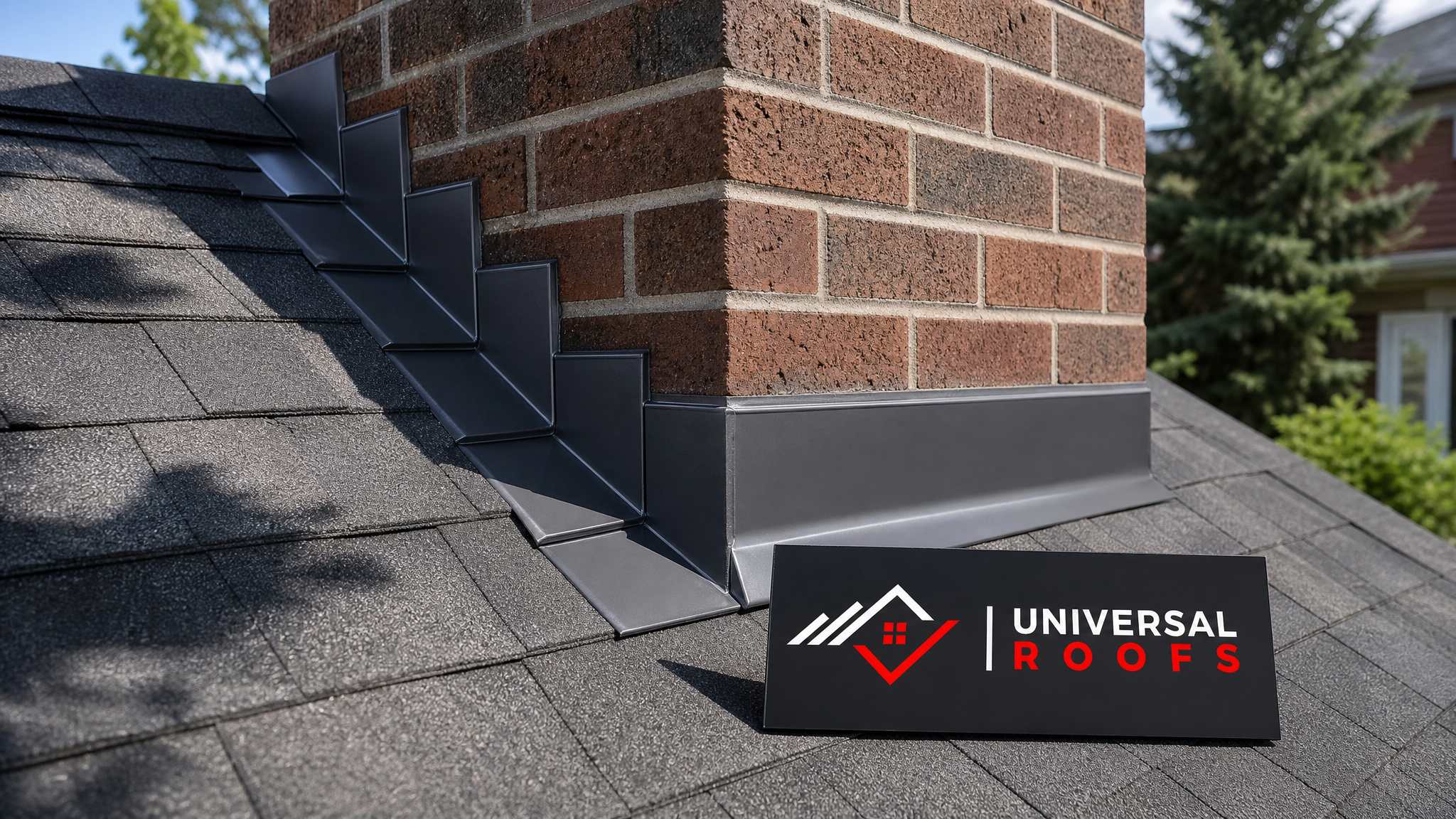 Newly repaired roof flashing around a chimney on a Toronto home, showing clean metal seams in bright summer daylight with a Universal Roofs sign placard nearby