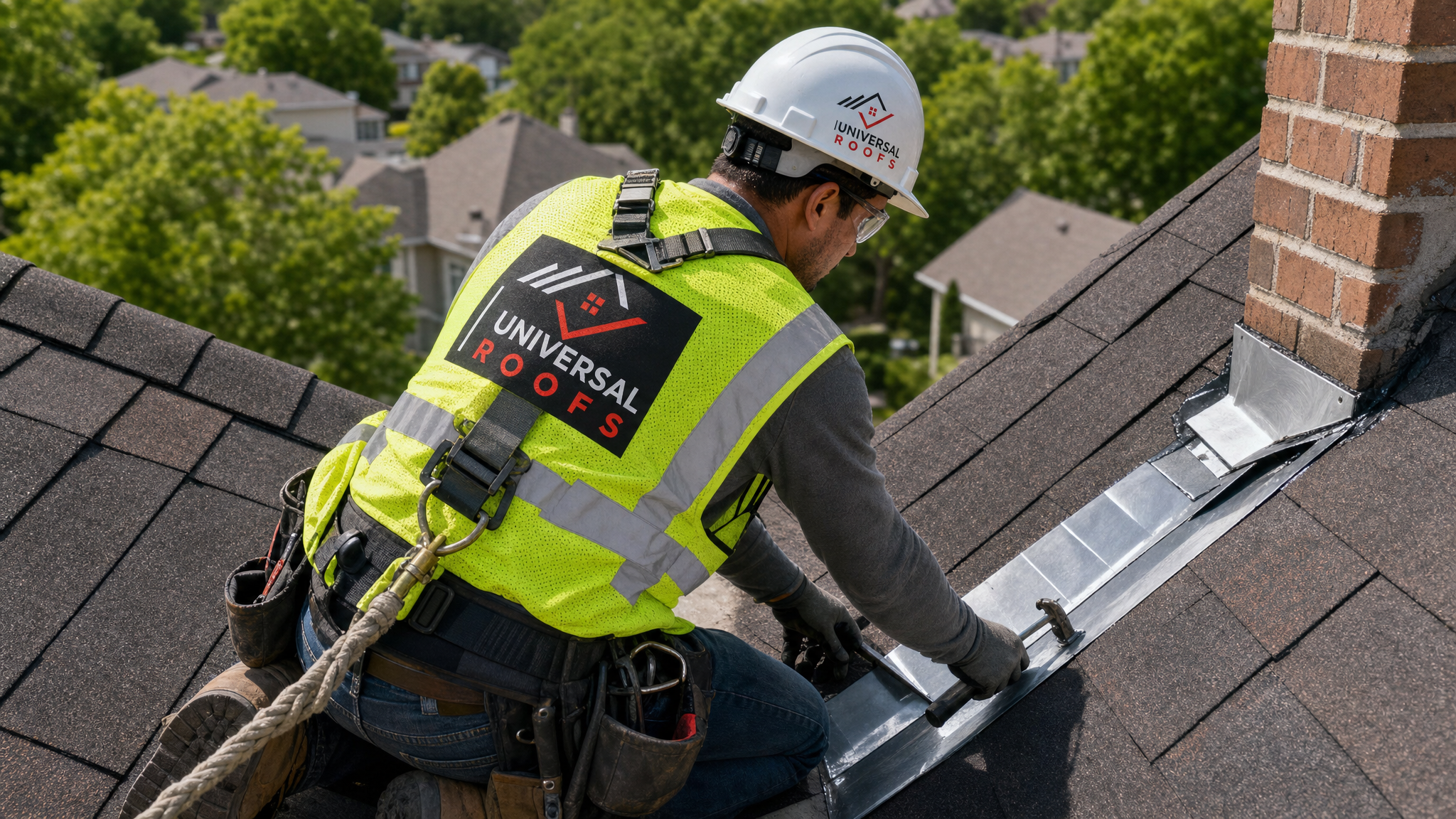 Roofer wearing hard hat, hi-vis vest, harness, and safety rope installing recycled metal flashing along a roof valley on a sunny day in a Toronto suburb