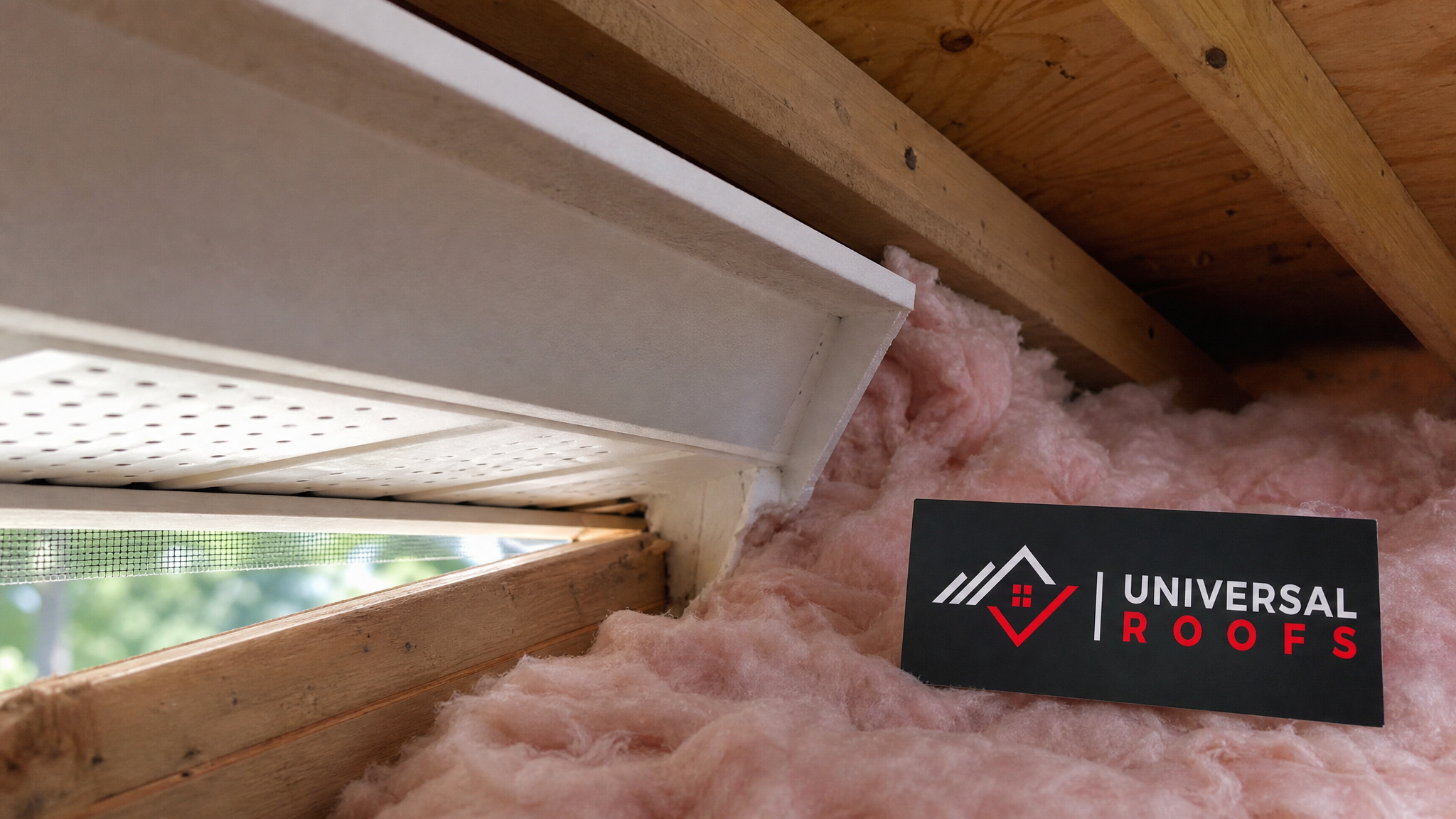 Close-up of rigid foam baffle installed at a soffit vent beneath tile roof insulation, maintaining clear attic airflow