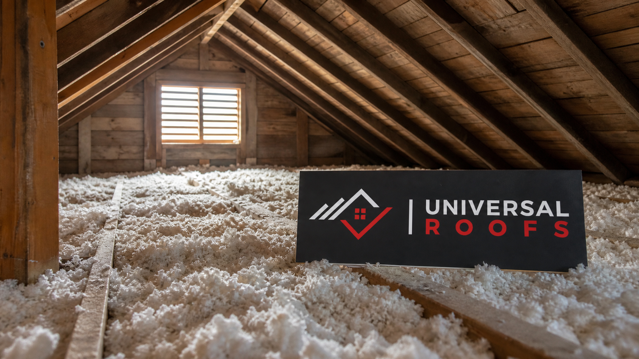 Freshly repaired attic insulation beneath a tile roof in a Toronto home, shown in daylight with even, fluffy insulation coverage