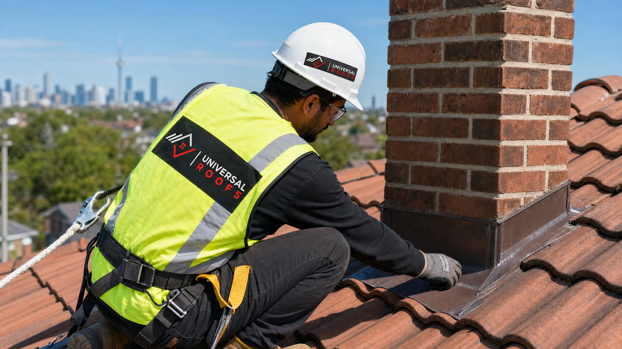 Roofing technician in full safety harness inspecting tile roof flashing and underlayment above an attic insulation repair area on a Toronto home