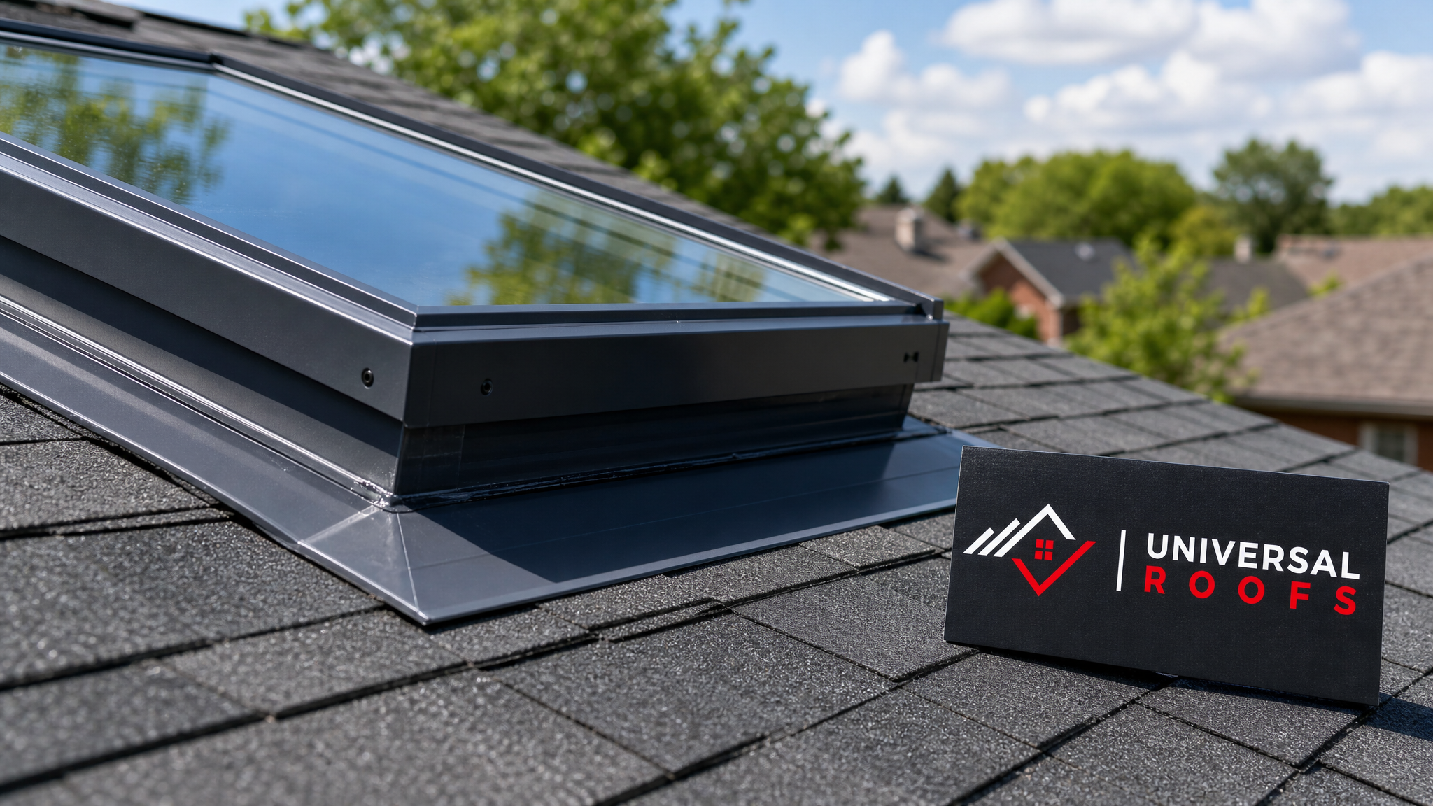 Close-up of low-E glazed skylight flashing detail with a Universal Roofs branded sign placard nearby