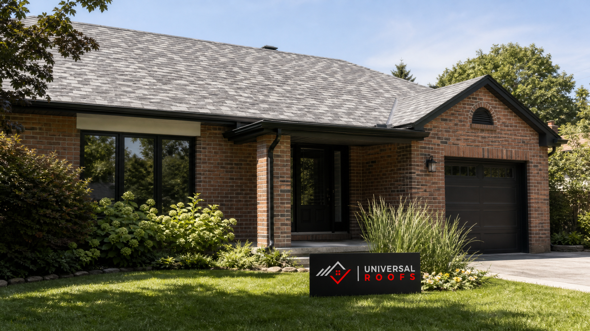 Well-insulated Toronto attic with new reflective roofing on a bright summer day and a Universal Roofs sign placard