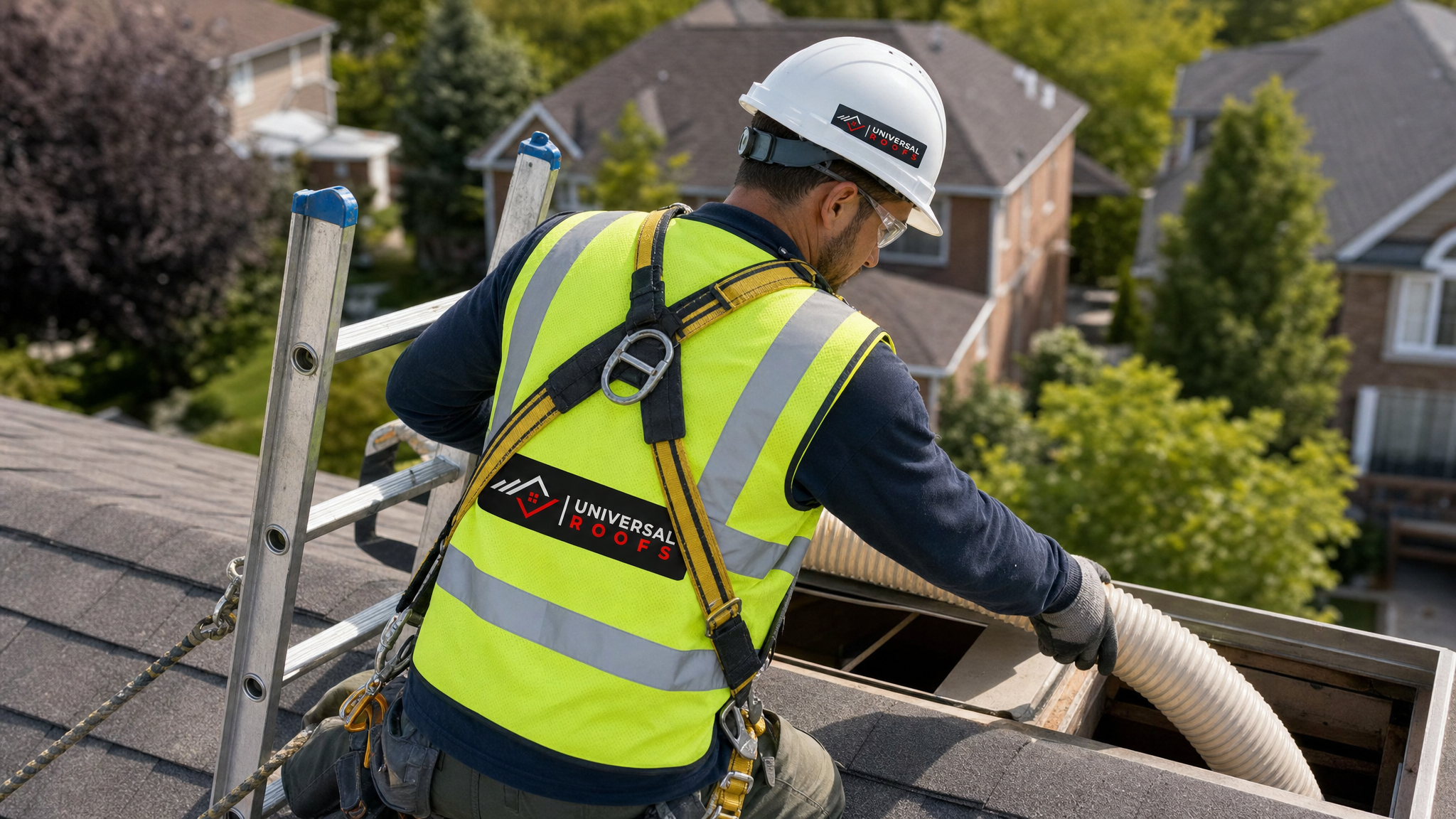 Roofing technician in full safety gear blowing insulation into a Toronto attic through a roof access point