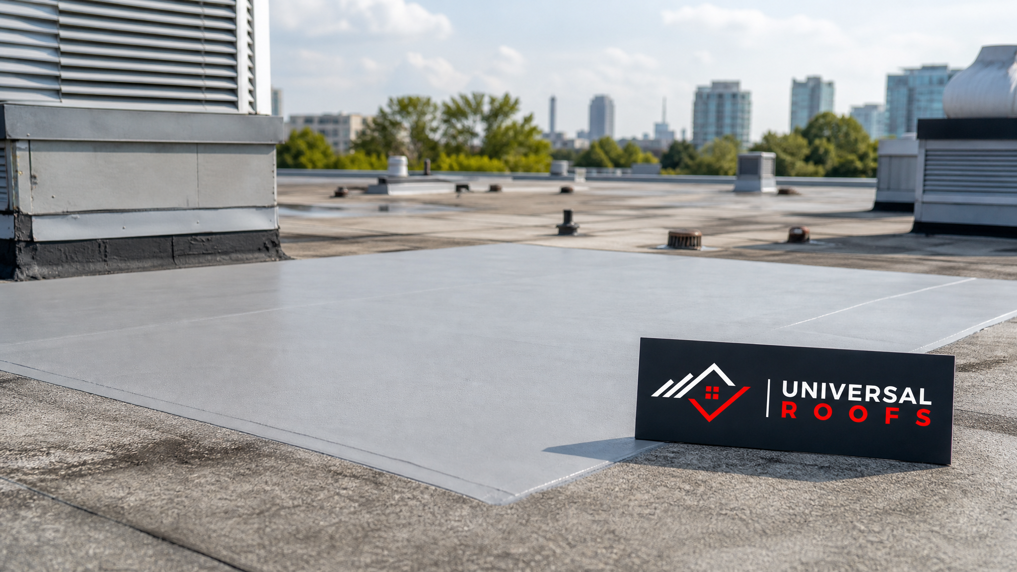 Freshly completed commercial flat roof patch repair on a Toronto building rooftop in summer daylight