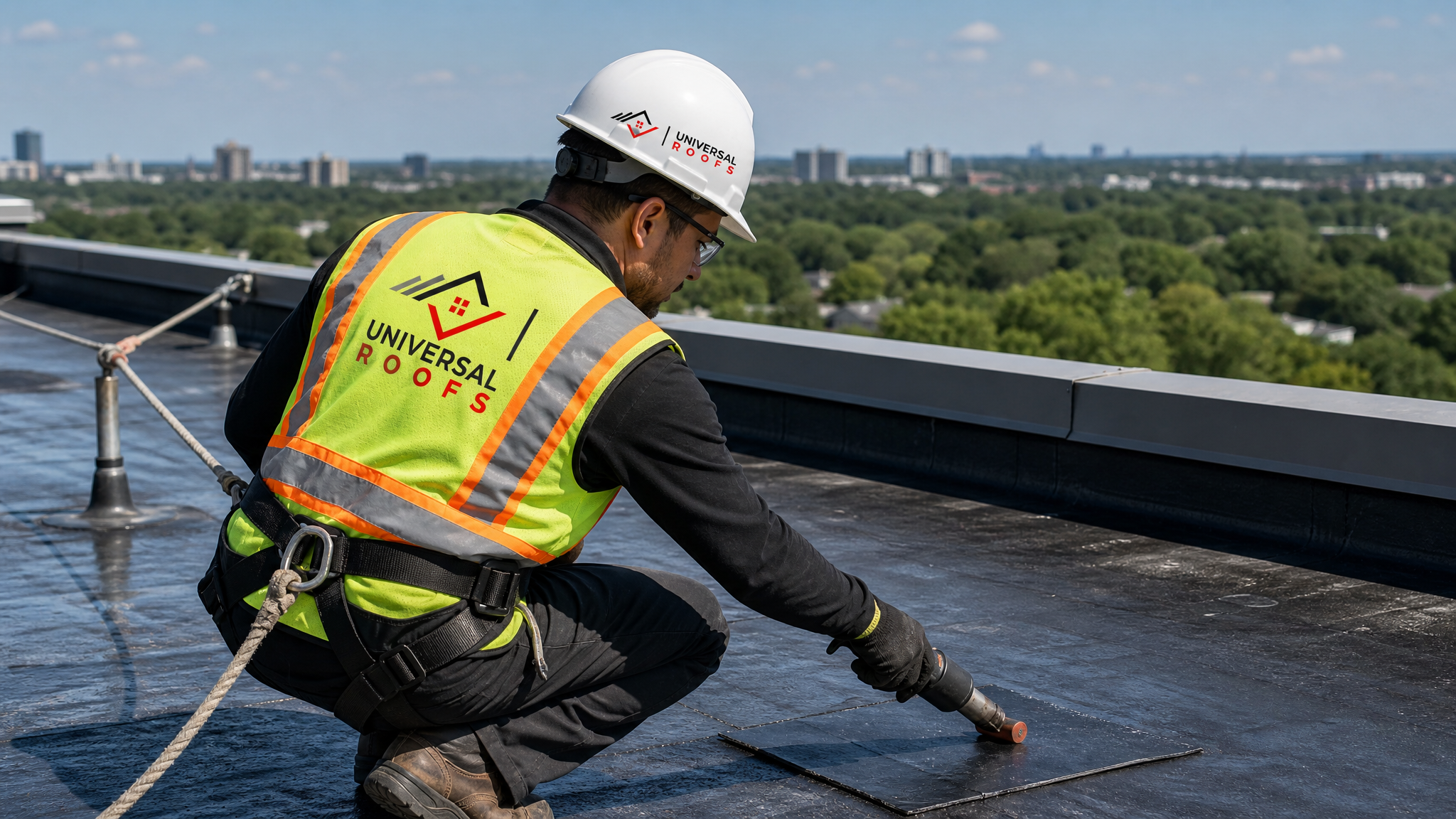 Roofing technician wearing full safety harness patching a commercial flat roof membrane in Toronto