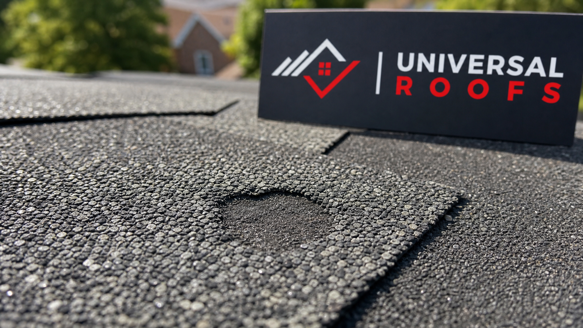 Close-up of a hail-bruised asphalt shingle showing granule loss and a soft impact crease, with a Universal Roofs branded sign placard nearby