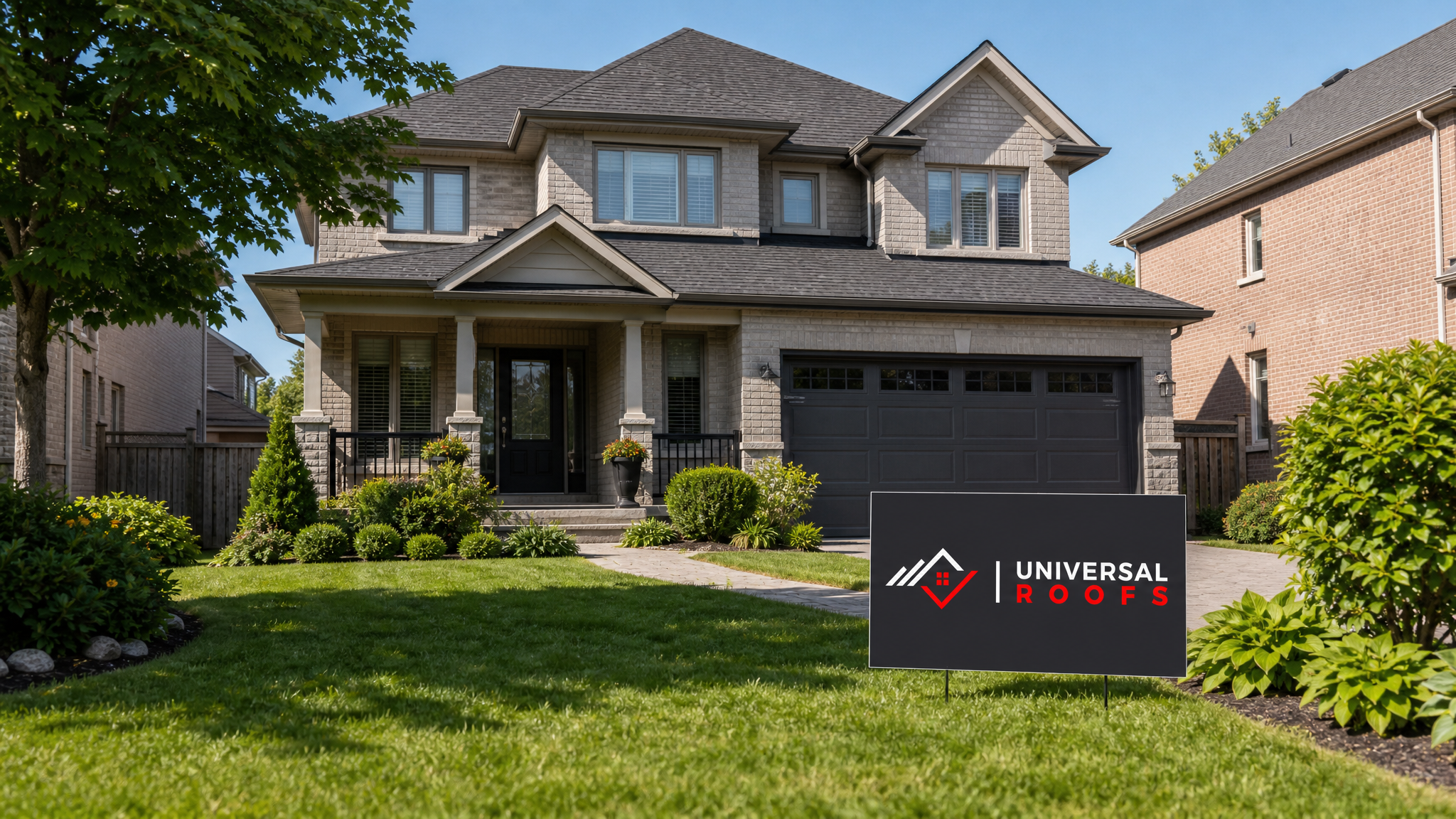 A GTA home with an intact, storm-inspected asphalt shingle roof under clear summer sky with a Universal Roofs sign placard on the lawn