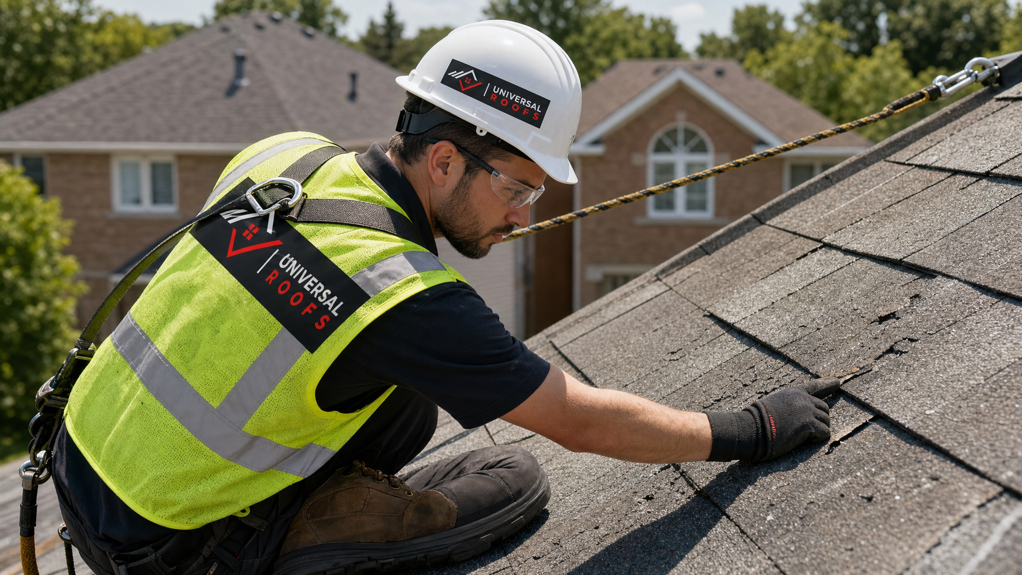 A Universal Roofs technician wearing full safety harness inspecting hail-damaged shingles on a residential roof in daylight