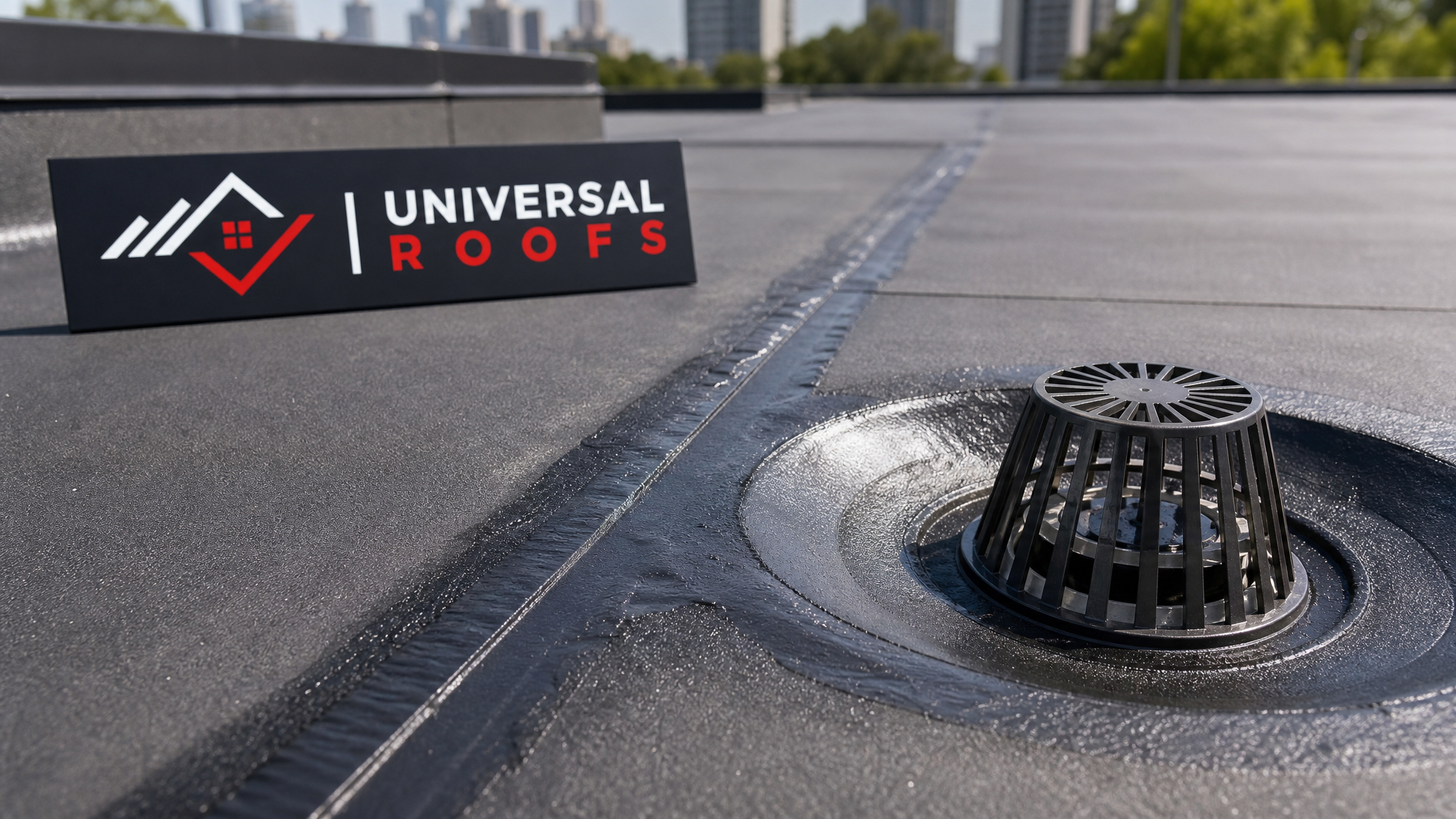 Close-up of a repaired flat roof membrane seam and drain area after storm damage repair