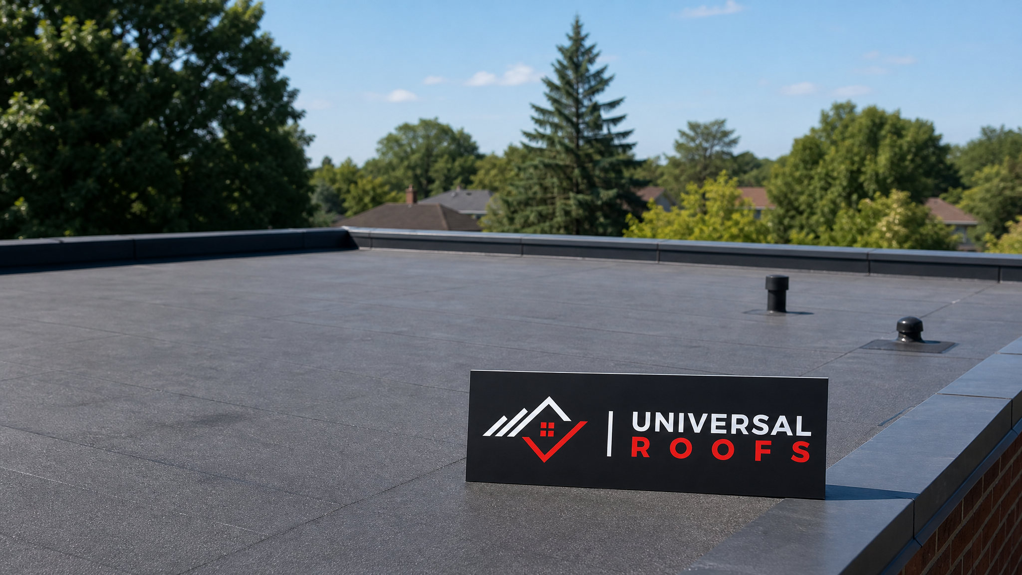 Finished flat roof repair after storm damage on a Toronto home under clear summer sky
