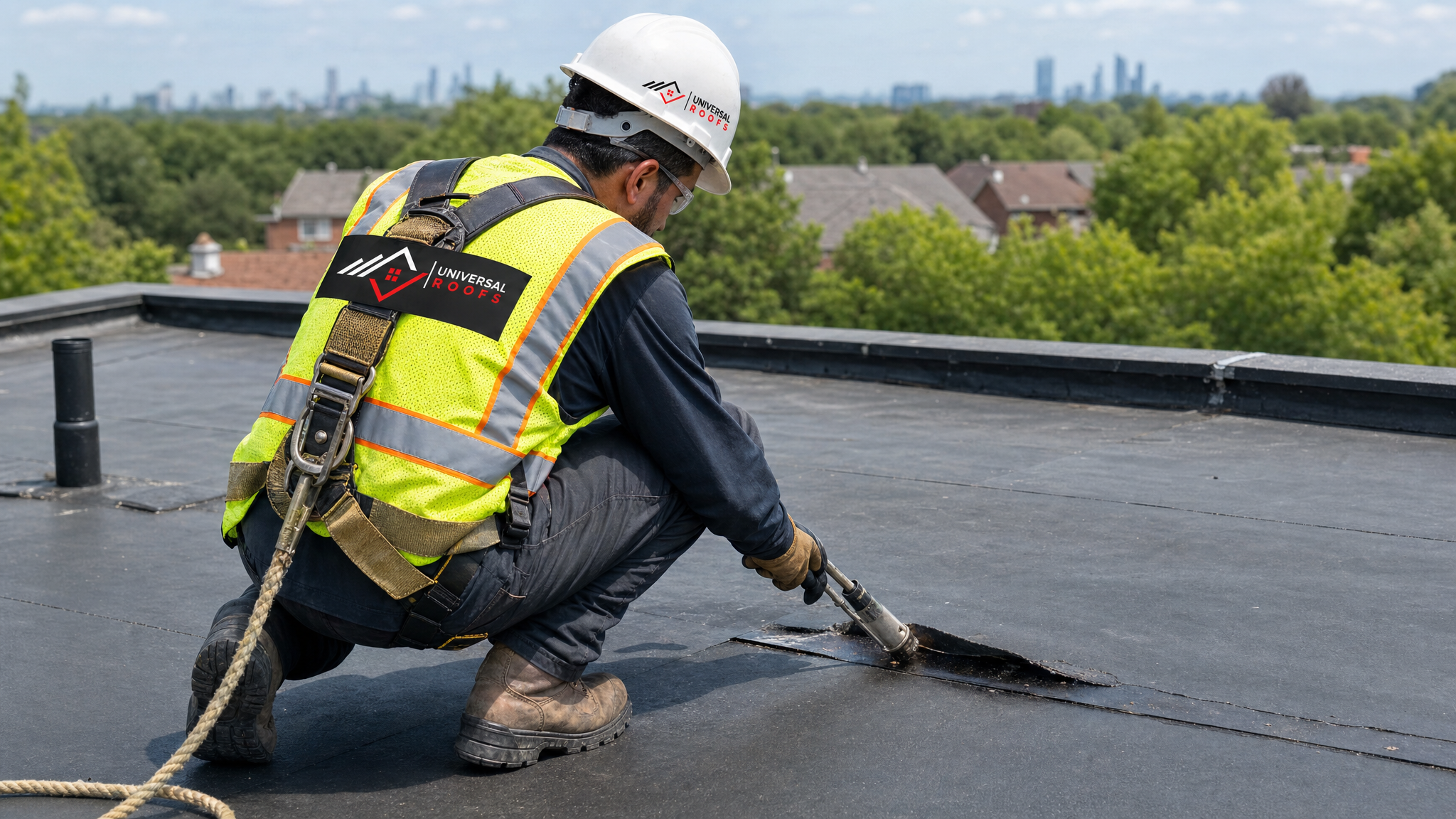 Roofer wearing full safety harness repairing a storm-damaged flat roof membrane seam in Toronto