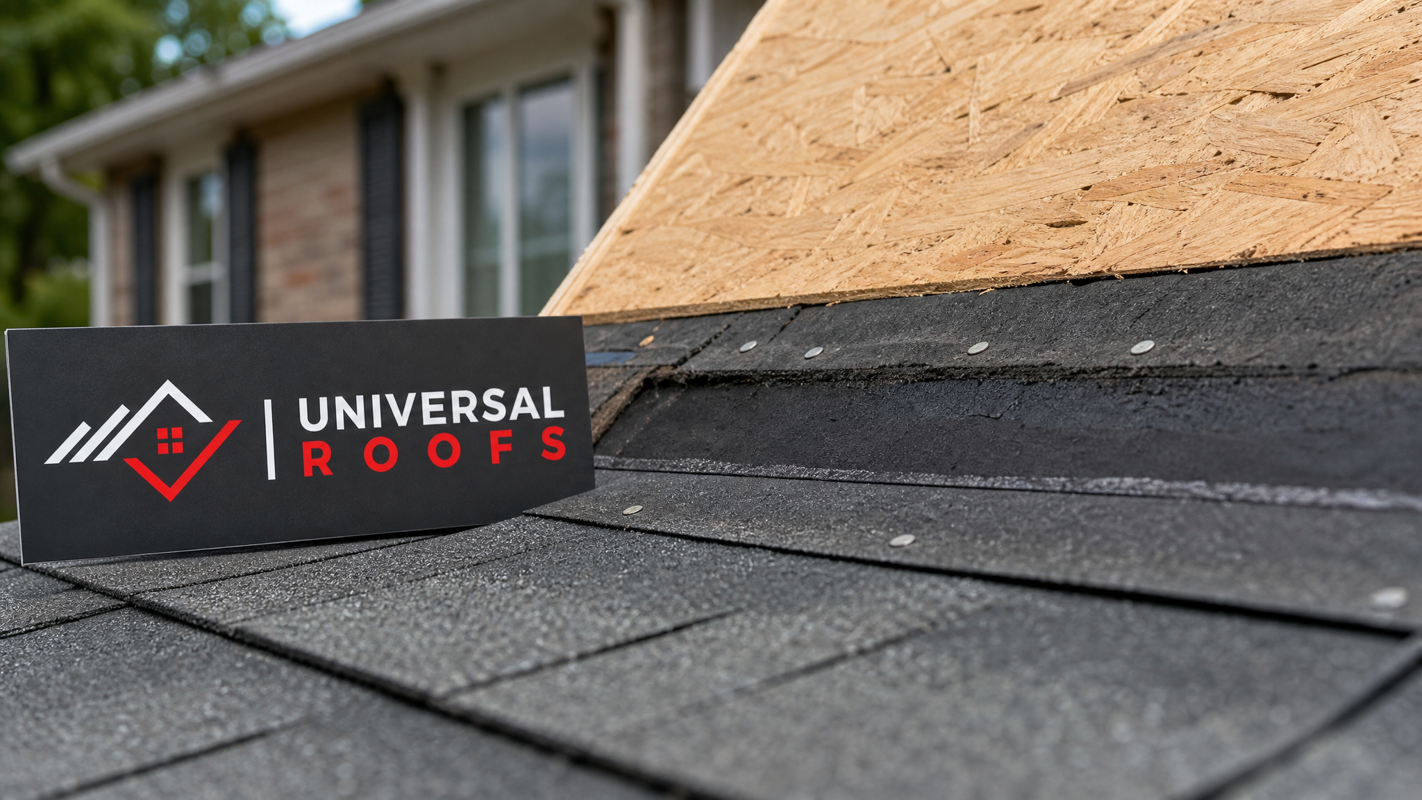 Close-up of new roof decking and shingle courses being fitted where a fallen tree previously punctured the roof