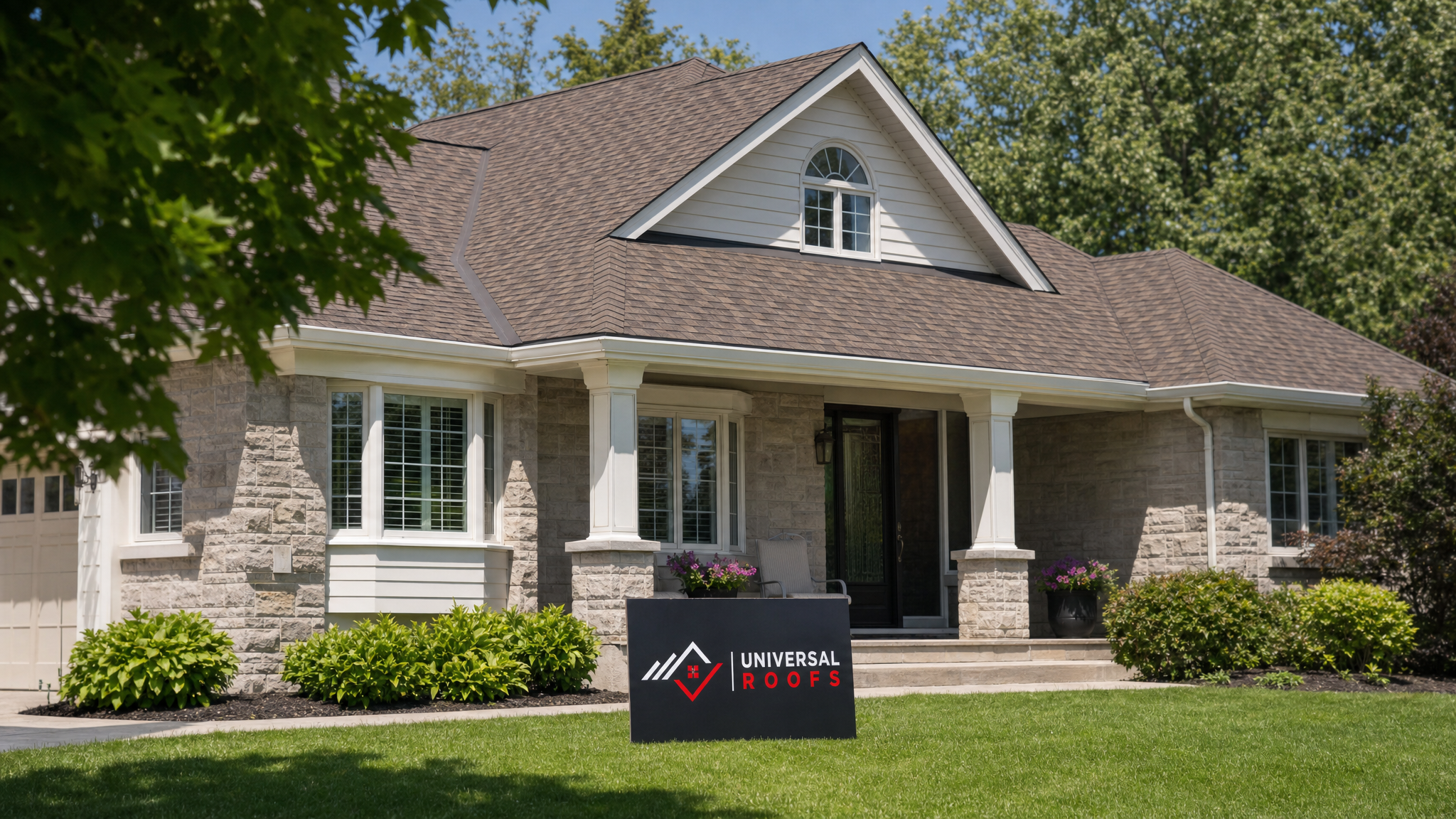 Repaired GTA home roofline on a clear summer day after emergency tree damage restoration, with no visible damage remaining