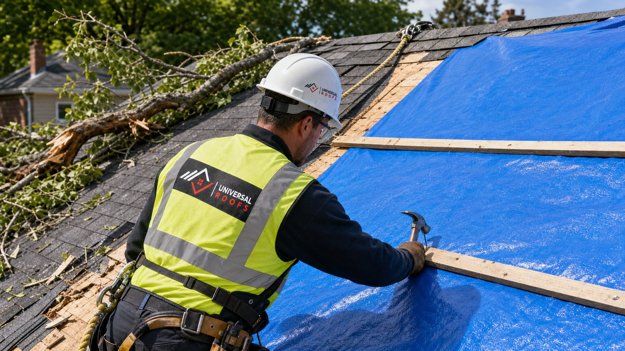 Roofer wearing full safety harness securing an emergency tarp over storm damage on a residential roof in the GTA