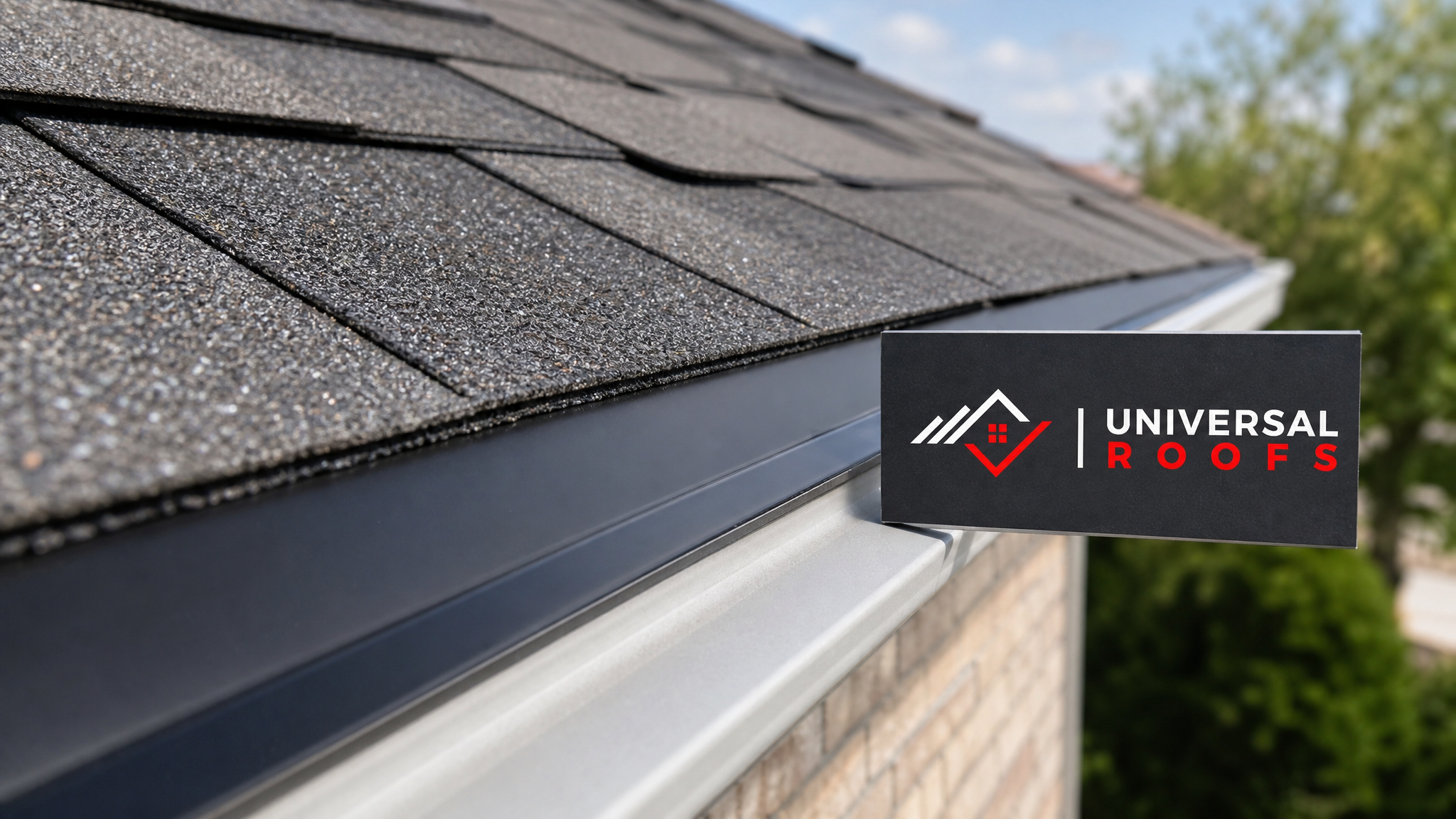 Close-up of new architectural asphalt shingles and drip edge flashing detail on a roof edge with a Universal Roofs branded sign placard nearby