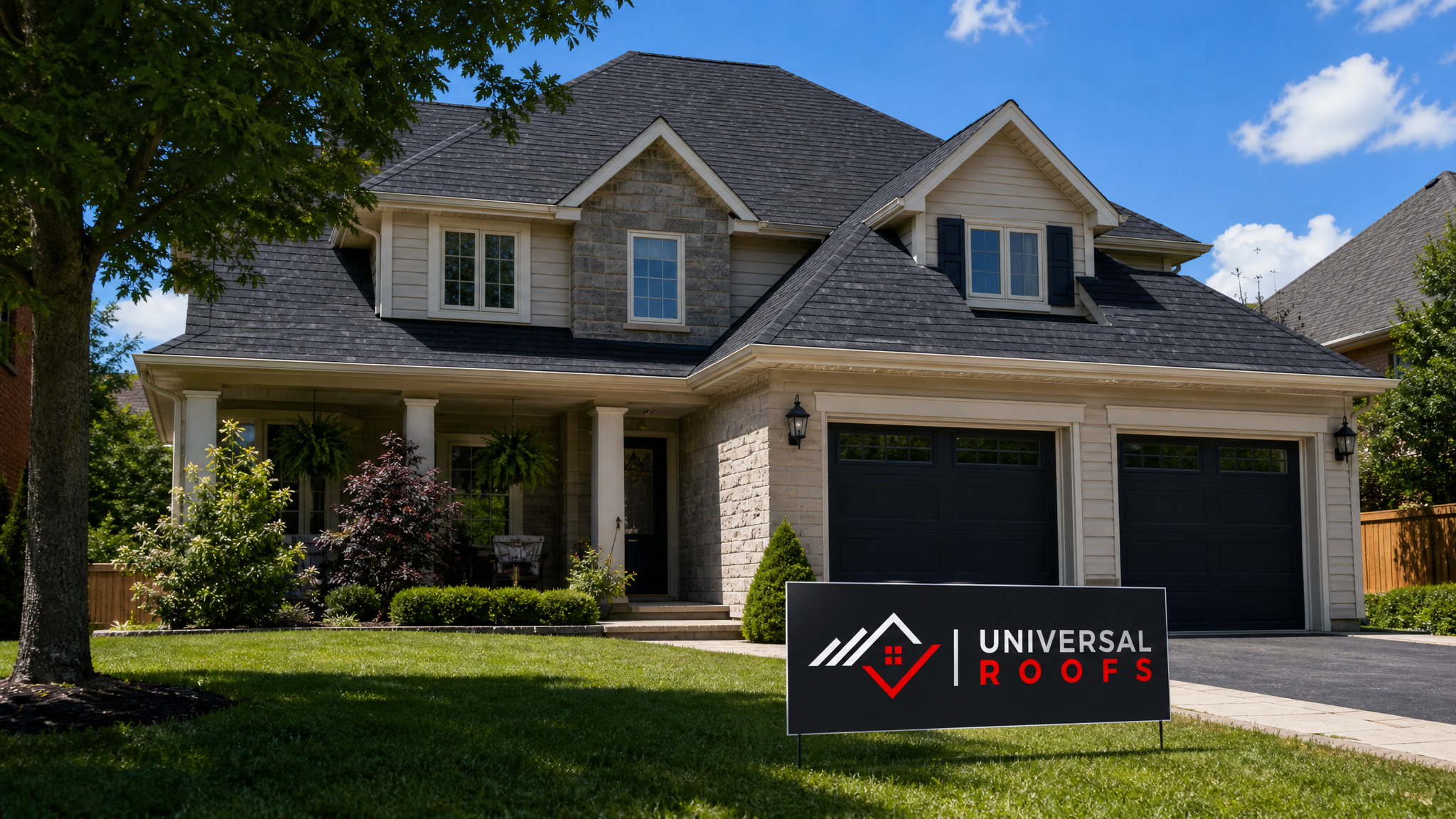 Newly replaced asphalt shingle roof on a Toronto-area home in summer daylight with a Universal Roofs branded sign placard resting on the lawn