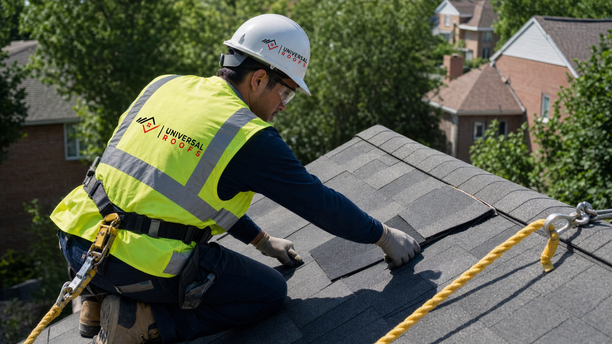 Roofer wearing hard hat, hi-vis vest, safety glasses, gloves, and fall-protection harness installing shingles on a GTA home in daylight