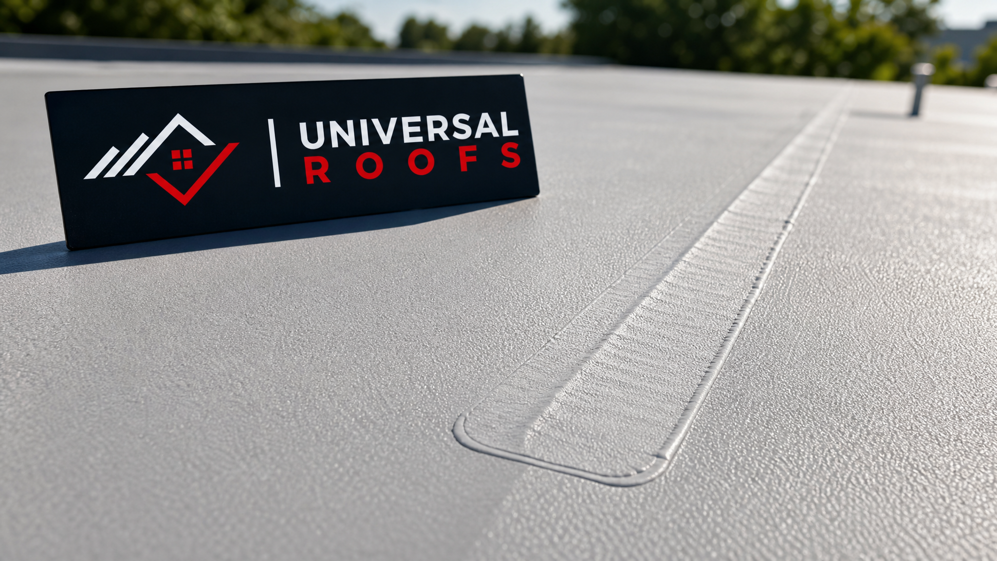 Close-up of a newly welded TPO membrane seam patch on a flat roof detail with a branded Universal Roofs sign placard nearby