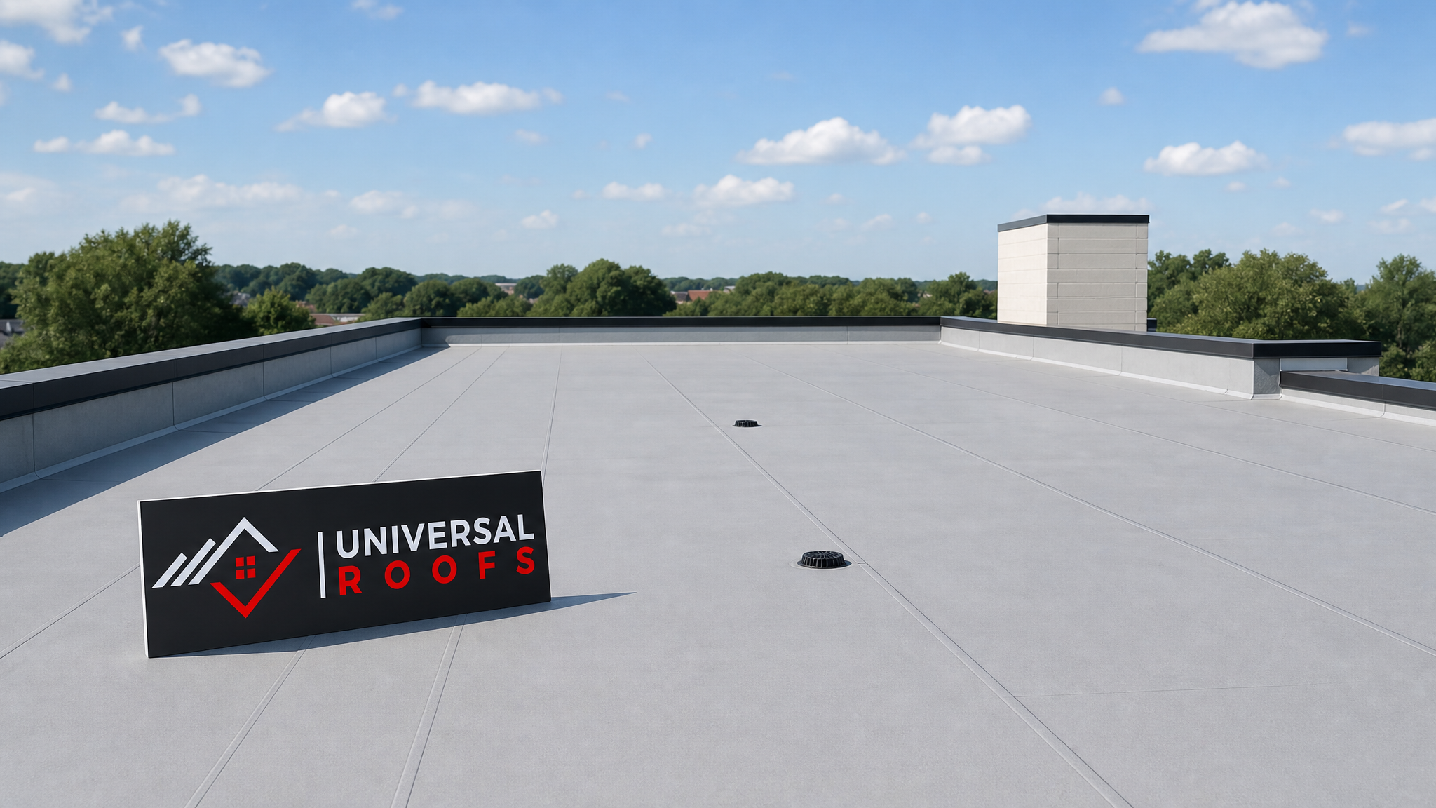 Fully repaired flat roof membrane in bright summer daylight after hail damage restoration in a Toronto neighbourhood