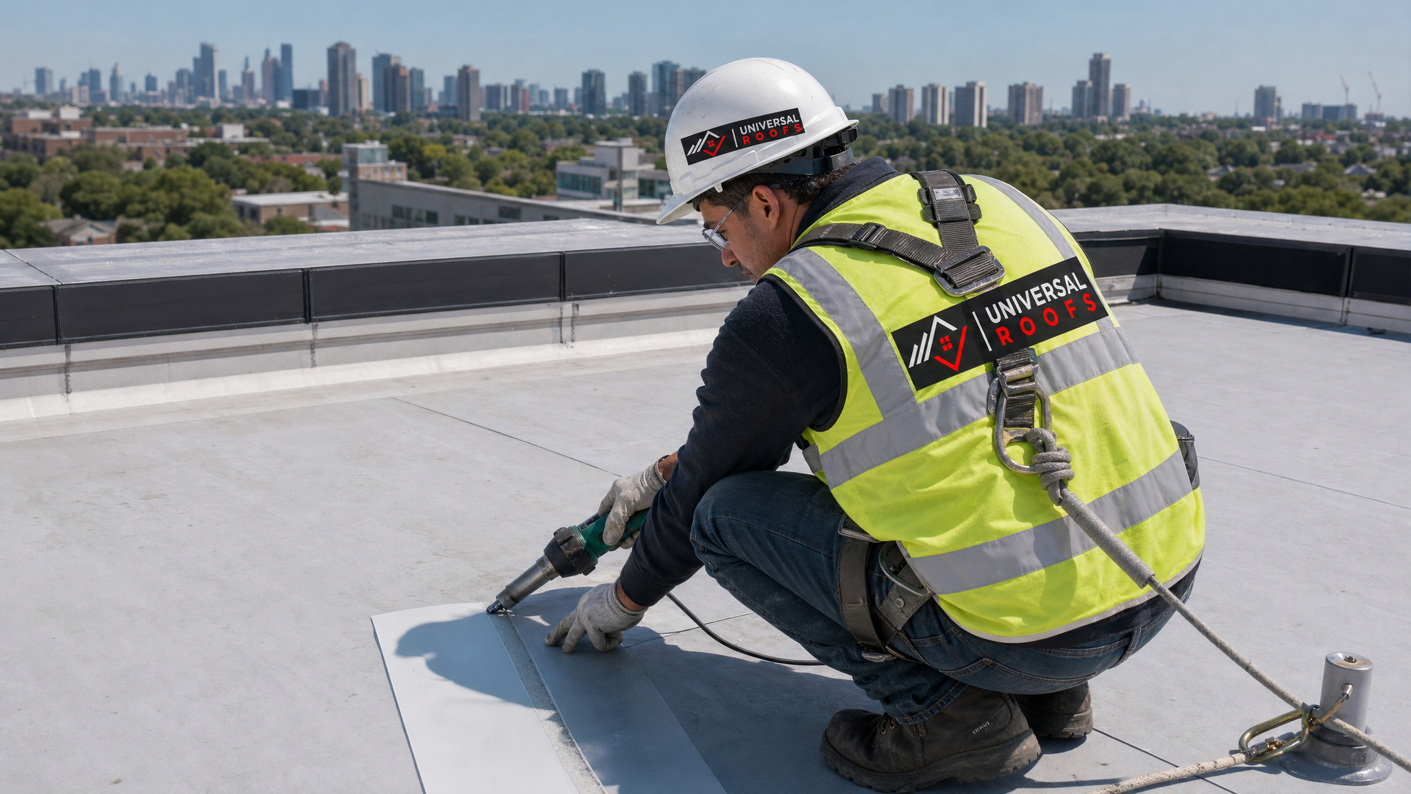 Roofer wearing full safety harness welding a TPO membrane patch on a flat roof in Toronto during hail damage repair