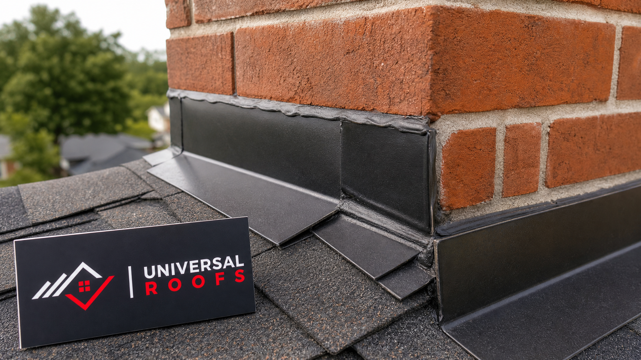 Close-up of new step flashing and sealant at a chimney-to-roof junction
