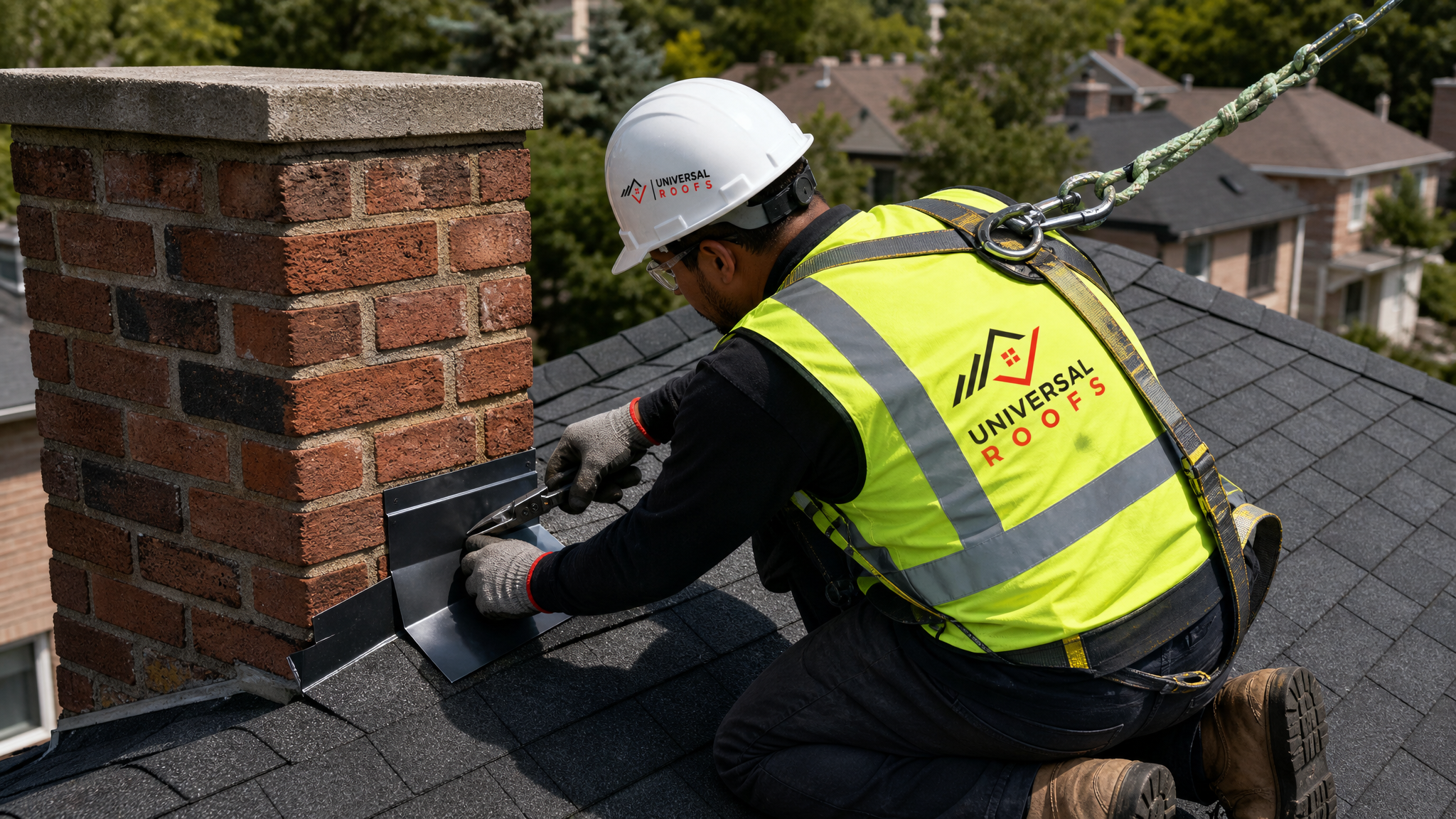 Roofer wearing full safety gear installing chimney flashing while secured with a fall-protection harness