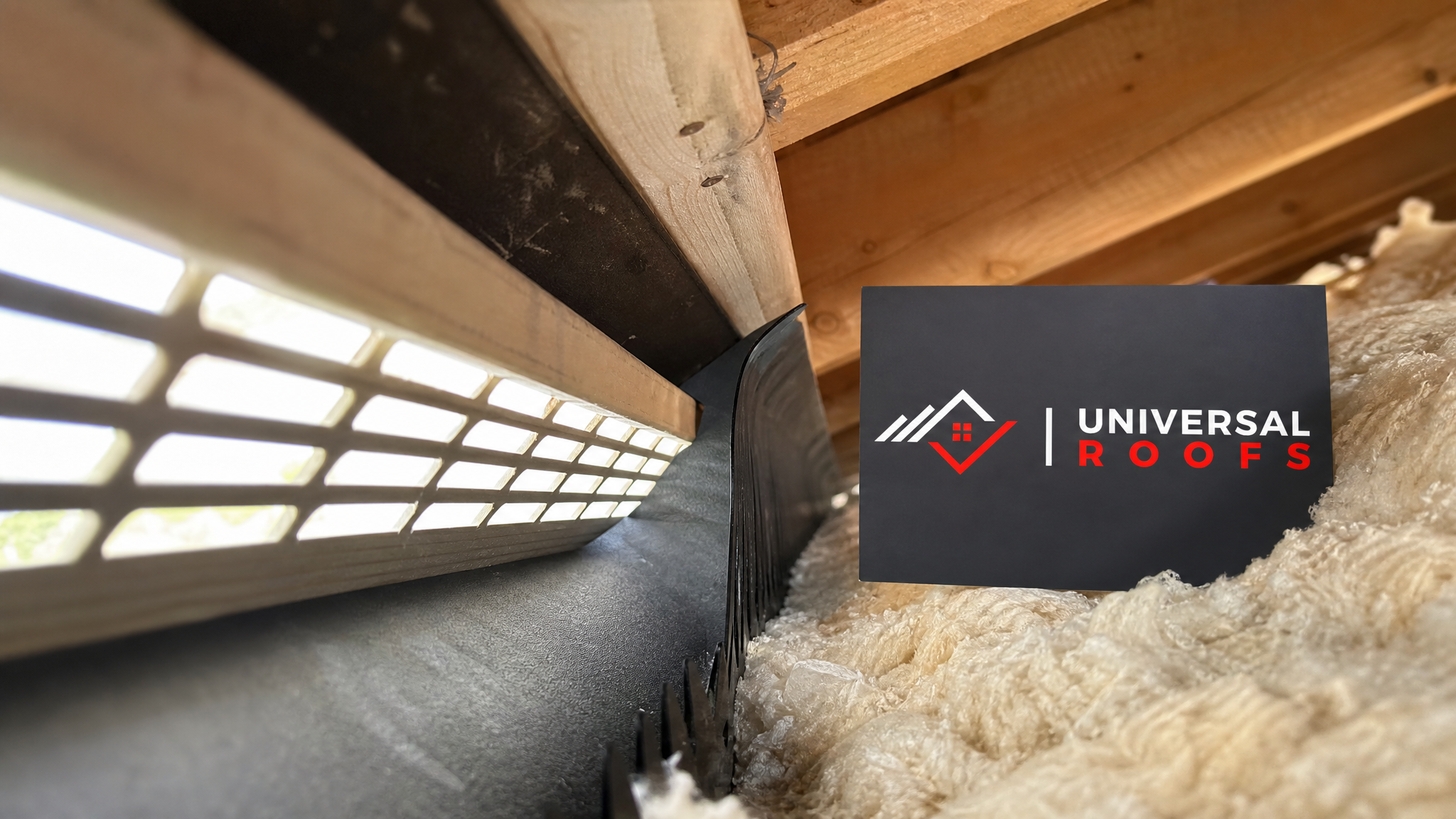 Close-up detail of a continuous soffit vent and baffle installation showing clear airflow channel into the attic