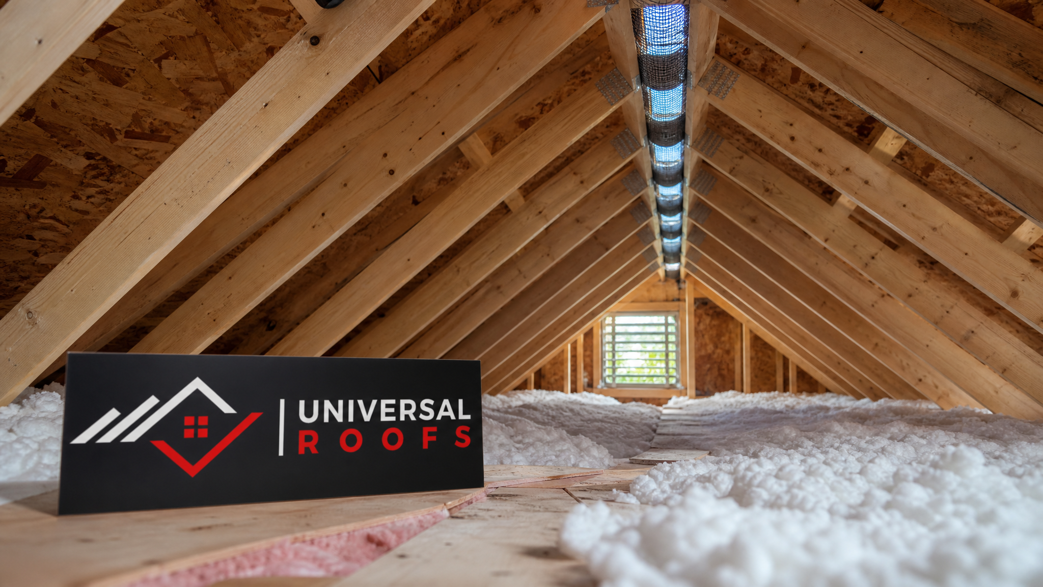 Bright, well-ventilated attic space in a Toronto home showing clear soffit-to-ridge airflow on a sunny summer day