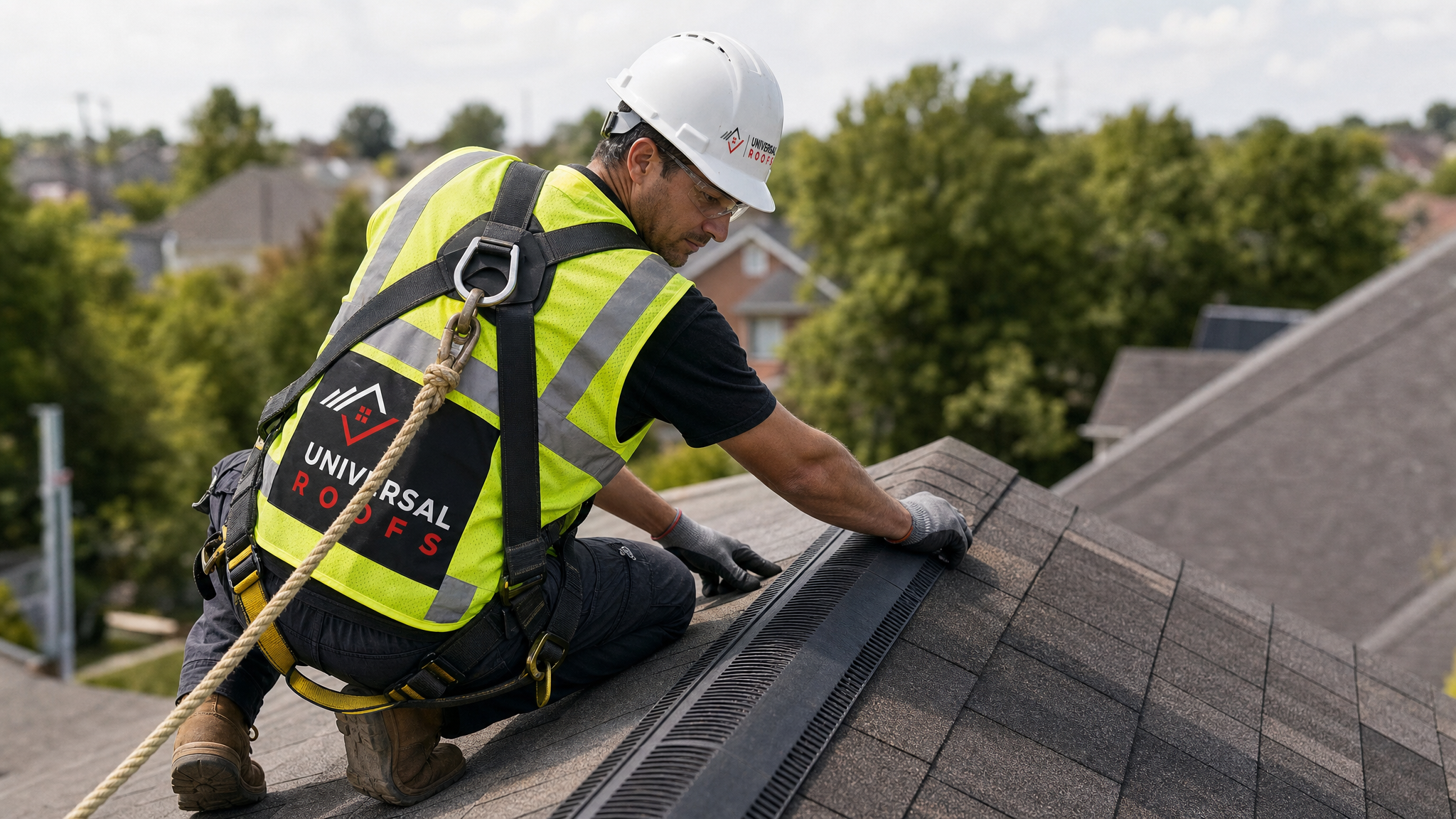 Roofer wearing full safety harness and PPE installing a ridge vent on a residential roof in Toronto