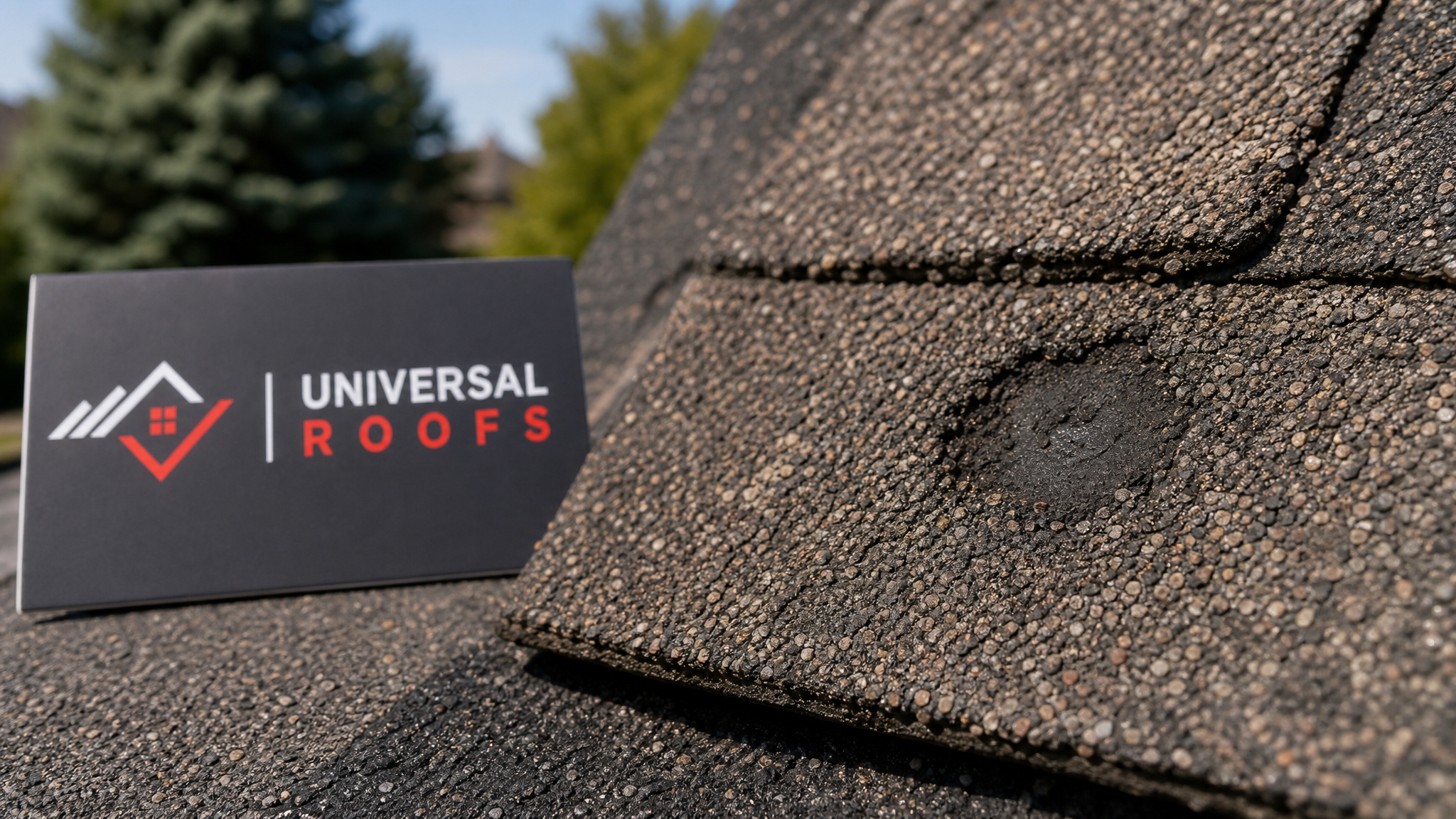 Close-up of hail-bruised asphalt shingle showing granule loss and impact mark, with branded inspection sign