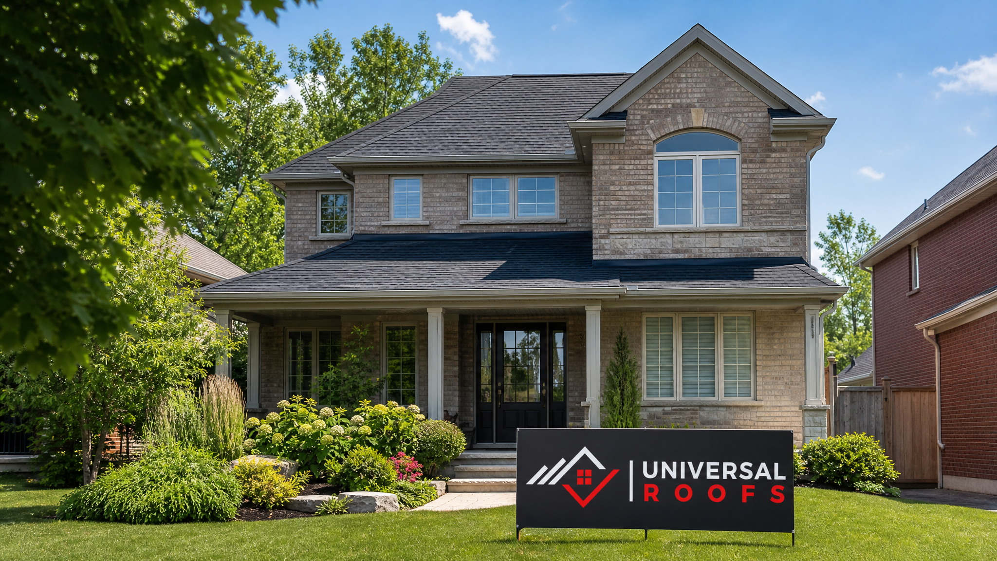 Freshly repaired asphalt shingle roof on a Toronto-area home after hail damage assessment, summer daylight
