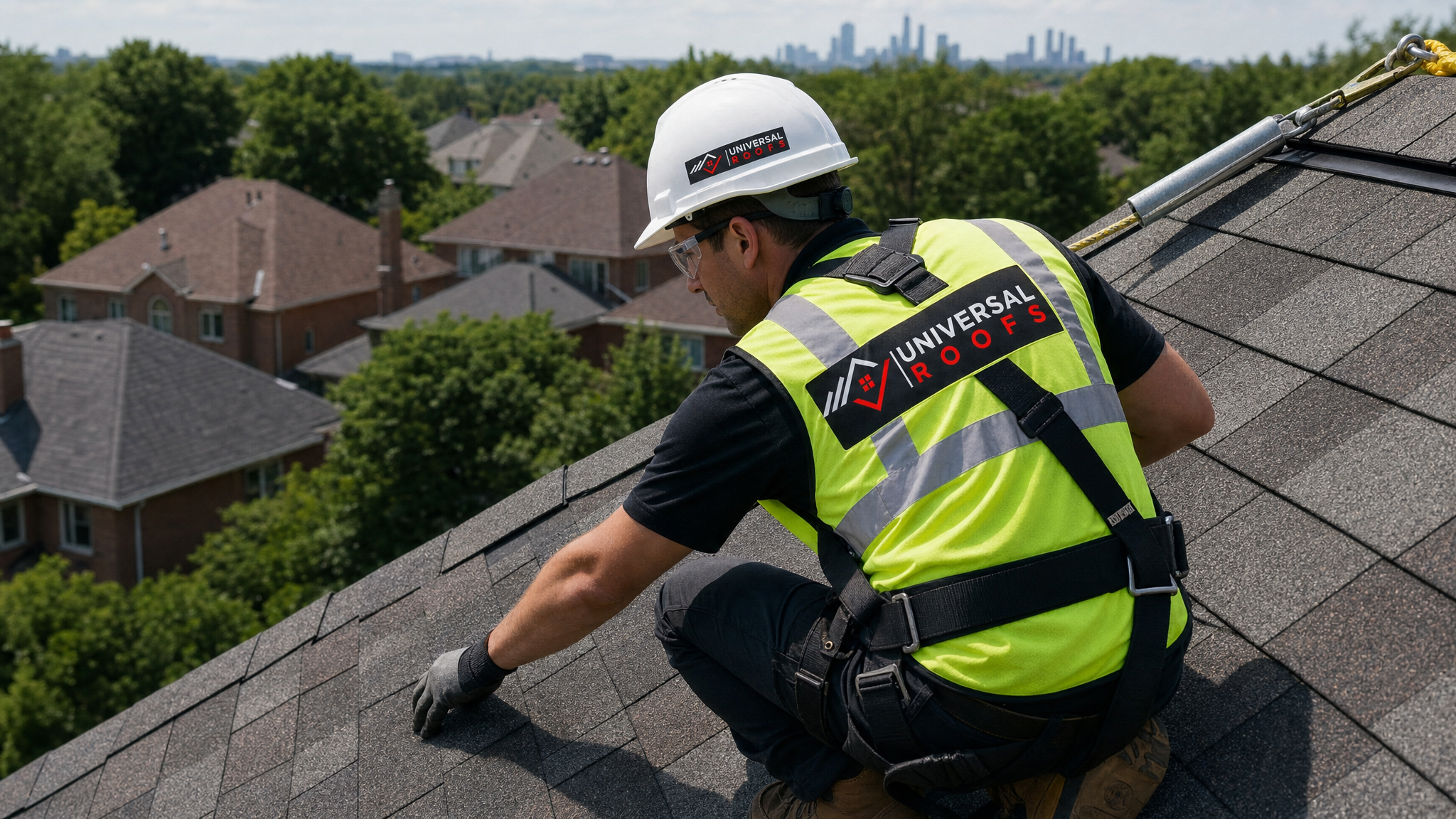 Roofing technician in full safety harness inspecting hail-damaged asphalt shingles on a steep GTA roof