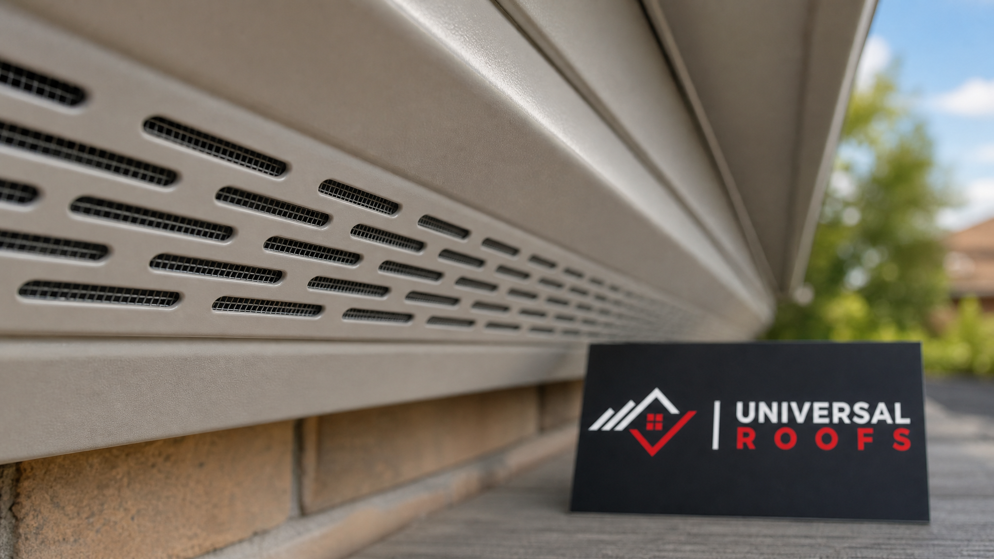 Close-up of galvanized steel mesh installed behind a soffit vent opening to block pests while preserving airflow